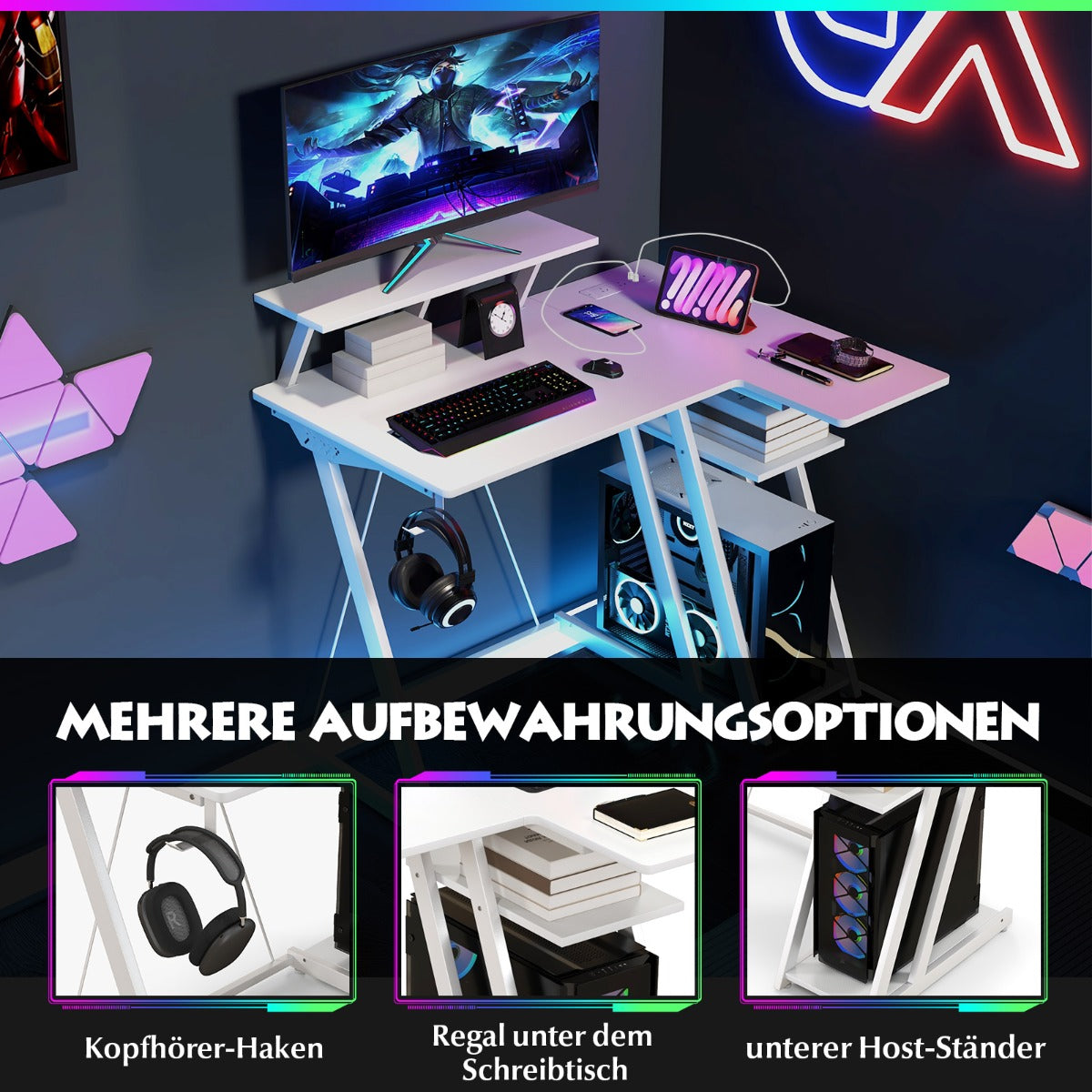 Gaming Tisch, PC Tisch, Computertisch, Schreibtisch L Form, L Schreibtisch, Schreibtisch Weiß, Costway, 4