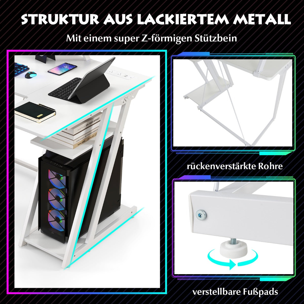 Gaming Tisch, PC Tisch, Computertisch, Schreibtisch L Form, L Schreibtisch, Schreibtisch Weiß, Costway, 6
