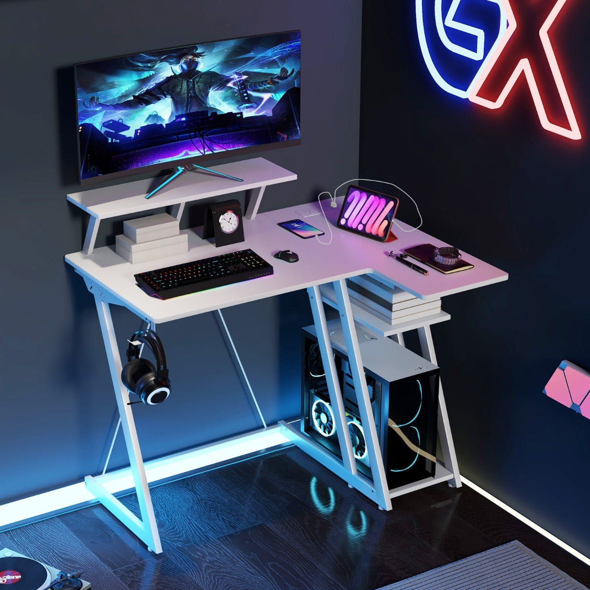 Gaming Tisch, PC Tisch, Computertisch, Schreibtisch L Form, L Schreibtisch, Schreibtisch Weiß, Costway, 8