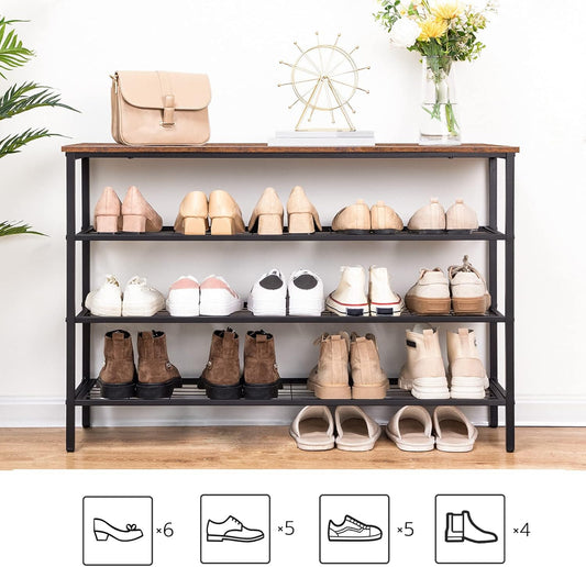Schuhregal, 4 Ebenen, Schuhregal metall, mit Tischplatte und 3 Netzablage, Schuhregal Schmal, Braun-Schwarz, HOOBRO, 5