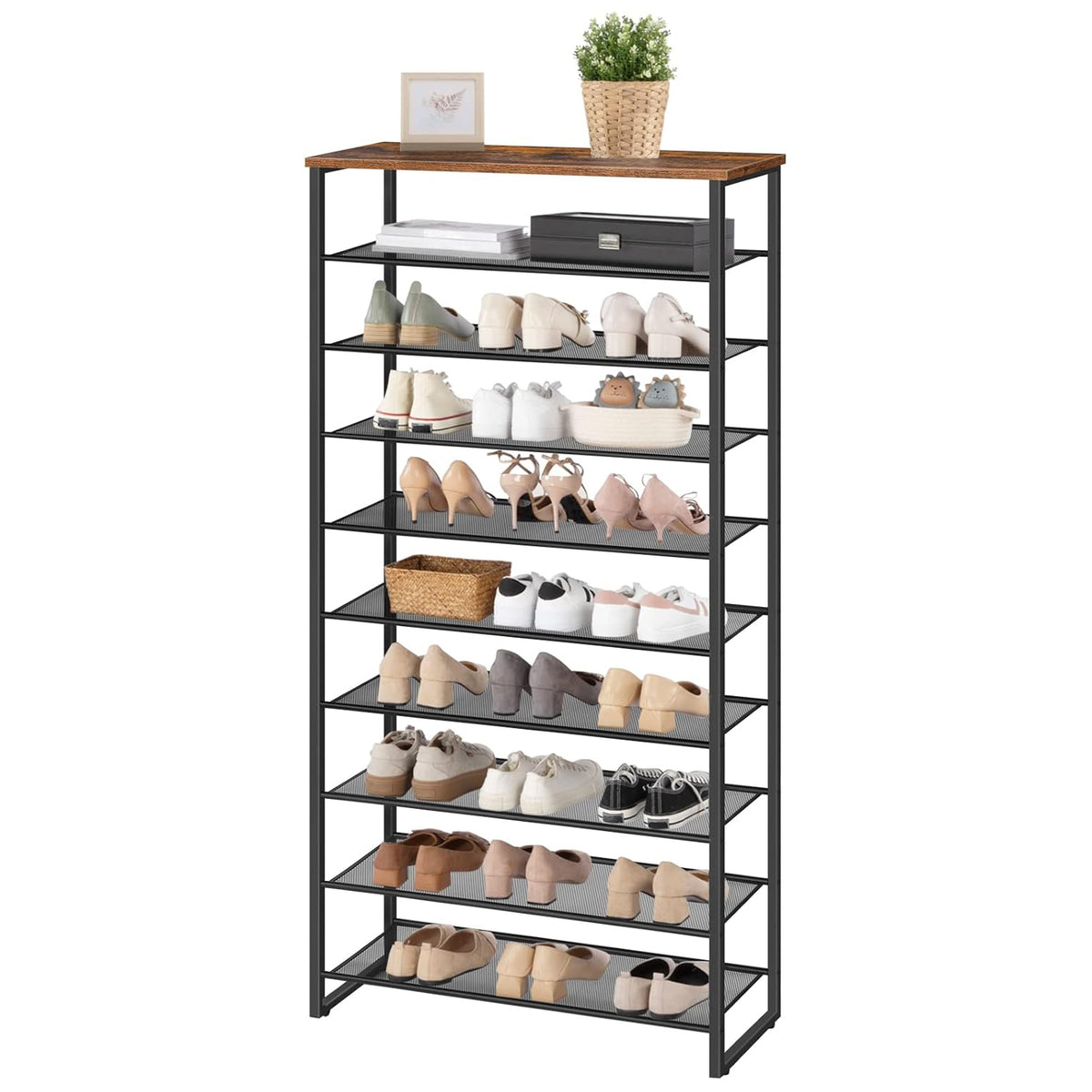 Schuhregal, 10 Ebenen, Schuhregal metall, 9 Netzablage für 32-40 Paar, Schuhregal Schmal Hoch, Braun-Schwarz, HOOBRO, 7