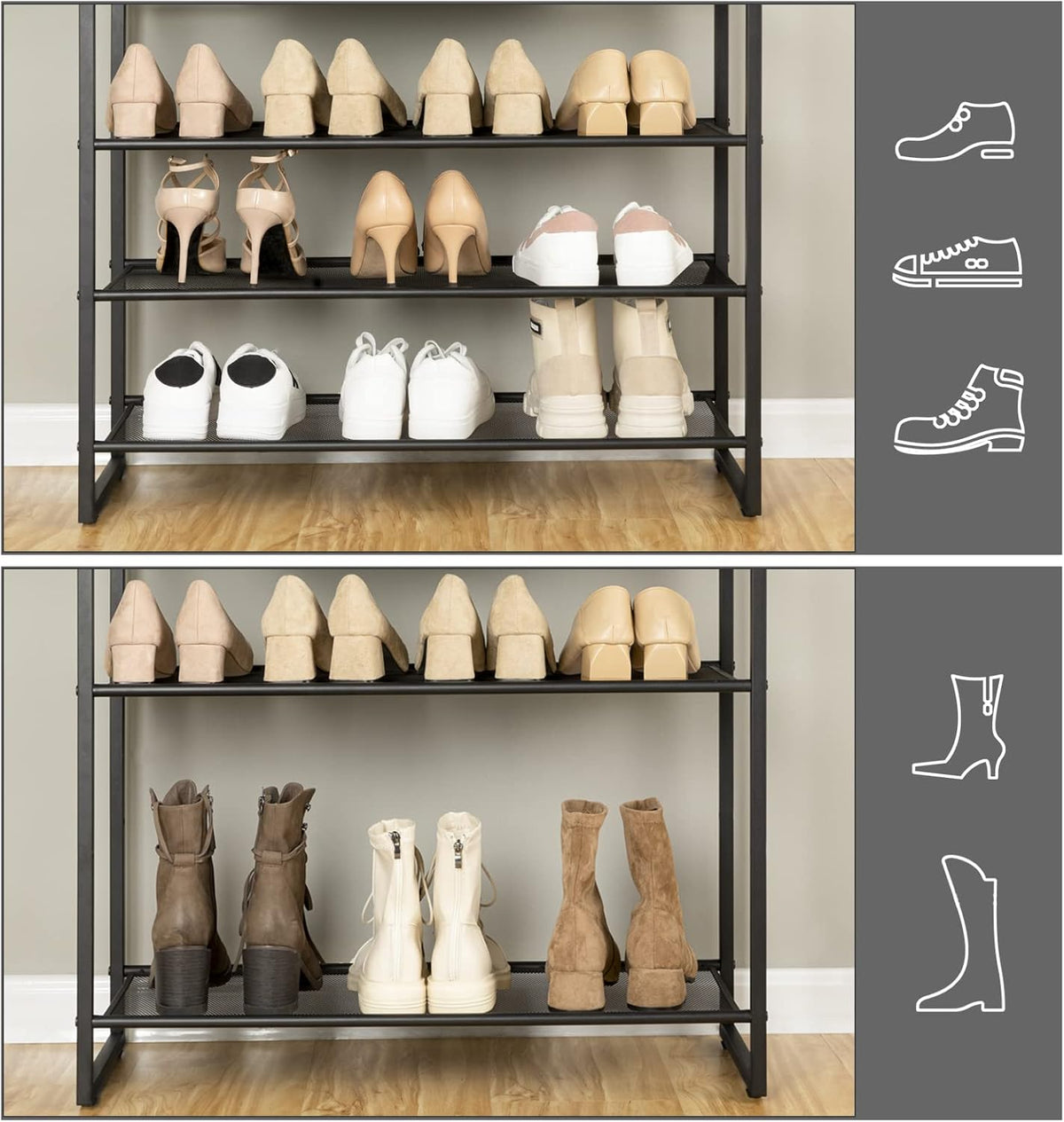 Schuhregal, 10 Ebenen, Schuhregal metall, 9 Netzablage für 32-40 Paar, Schuhregal Schmal Hoch, Braun-Schwarz, HOOBRO, 2
