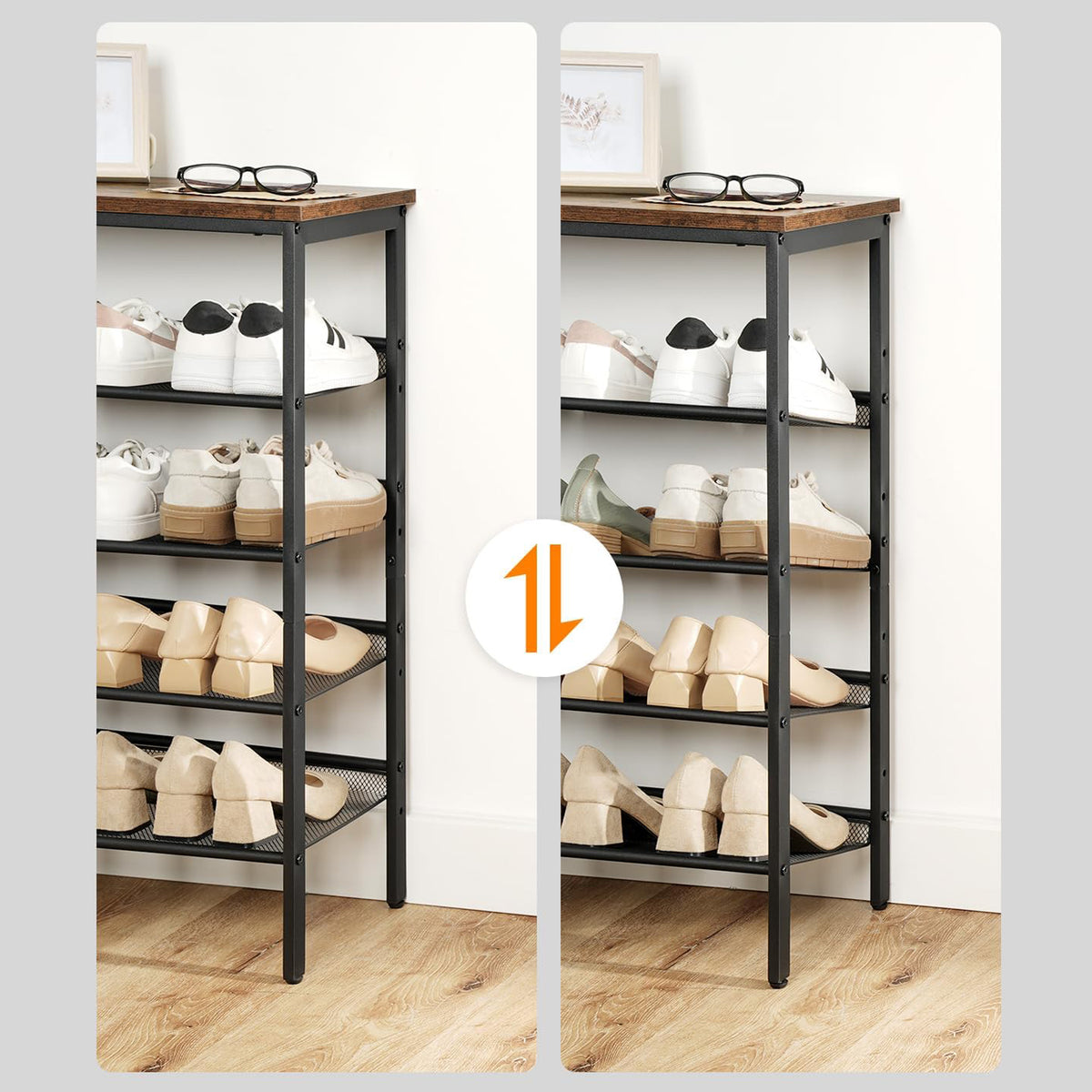 Schuhregal, 5 Ebenen, Schuhschrank hoch, 4 verstellbares netzablage, für 16-20 Paar, schuhregal schmal, Braun-schwarz, HOOBRO, 6