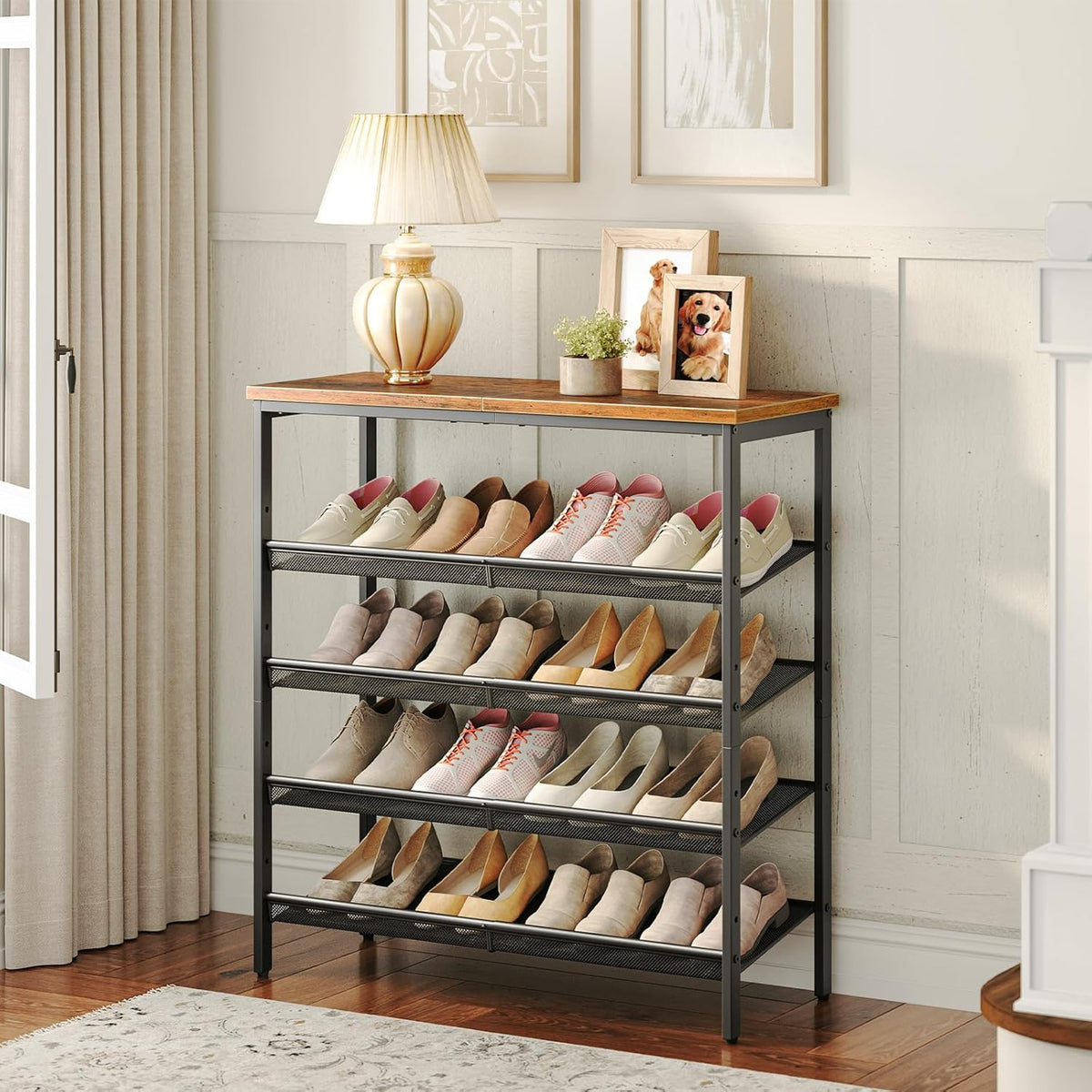 Schuhregal, 5 Ebenen, Schuhschrank hoch, 4 verstellbares netzablage, für 16-20 Paar, schuhregal schmal, Braun-schwarz, HOOBRO, 1