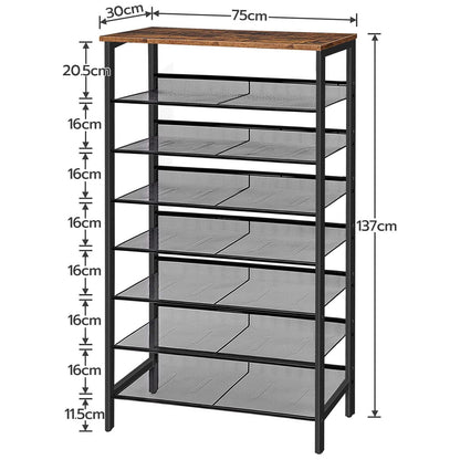 Schuhregal, 8 Ebenen, Schuhschrank, 7 verstellbares netzablage, für 24-32 Paar, Schuhregal Schmal Hoch, Braun-schwarz, HOOBRO, 4
