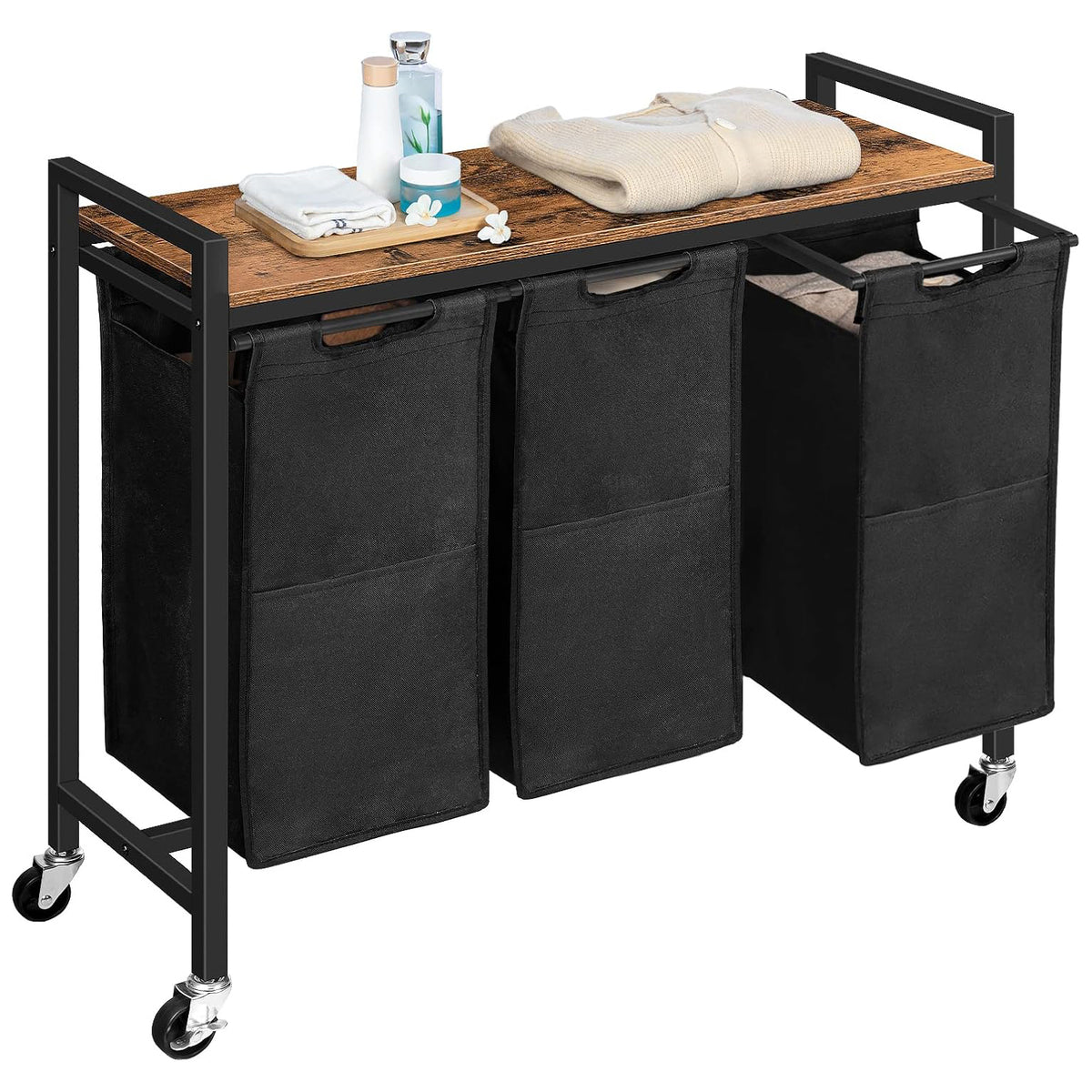 Wäschekorb 3 Fächer, Wäschesortierer, 3x39,8 L, Wäschekorb mit ablage, Wäschewagen mit rollen, Braun-Schwarz, HOOBRO, 1