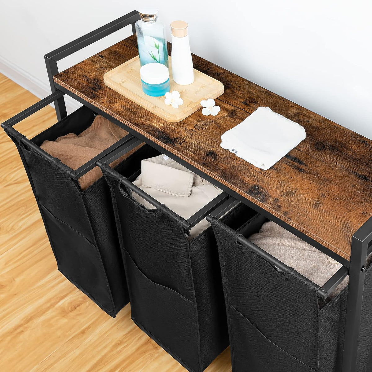 Wäschekorb 3 Fächer, Wäschesortierer, 3x39,8 L, Wäschekorb mit ablage, Wäschewagen mit rollen, Braun-Schwarz, HOOBRO, 2
