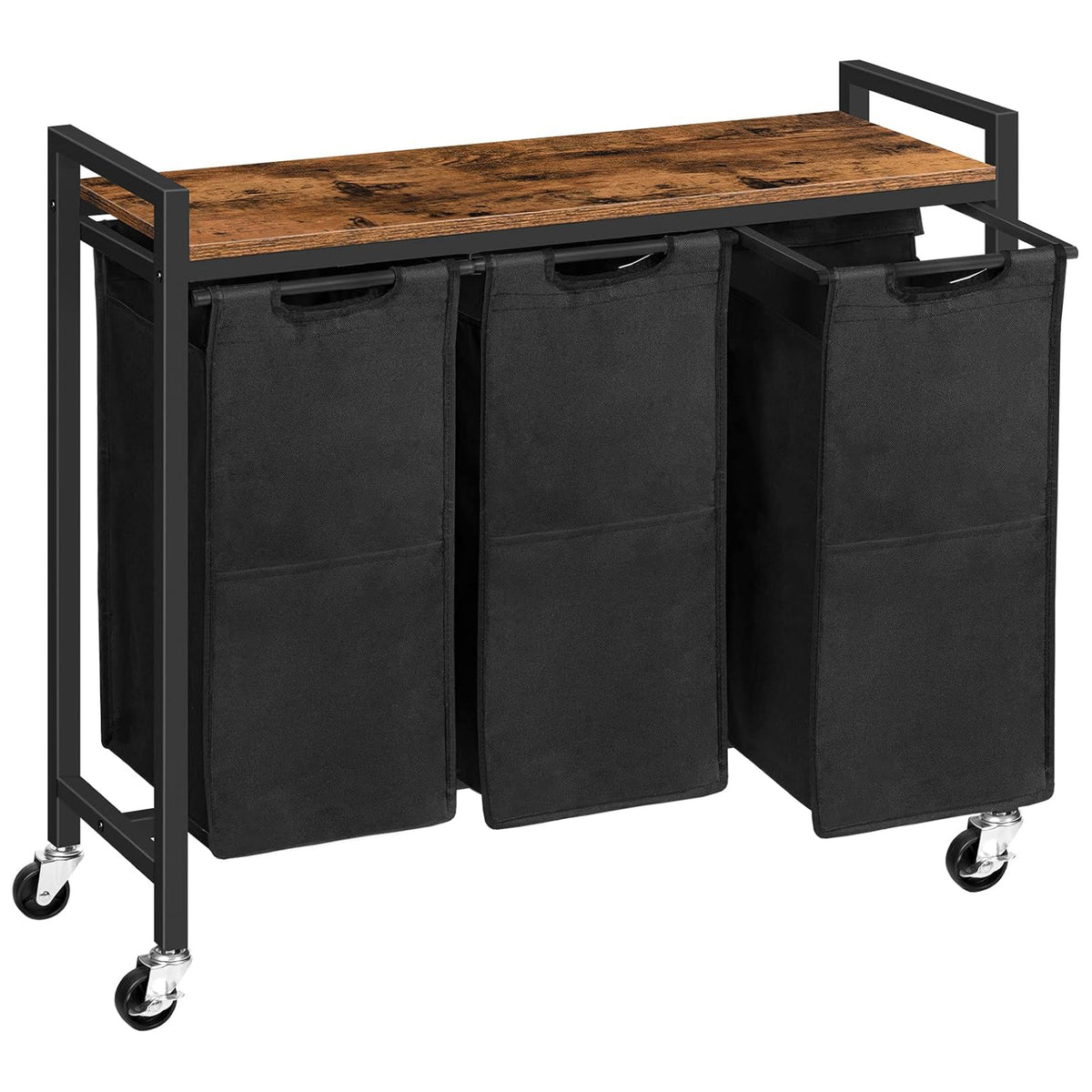 Wäschekorb 3 Fächer, Wäschesortierer, 3x39,8 L, Wäschekorb mit ablage, Wäschewagen mit rollen, Braun-Schwarz, HOOBRO, 7