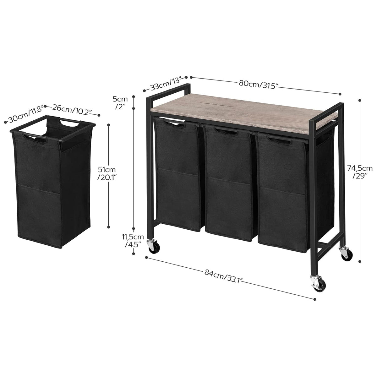 Wäschekorb 3 Fächer, Wäschesortierer, 3x39,8 L, Wäschekorb mit ablage, Wäschewagen mit rollen, Greige-Schwarz, HOOBRO, 3