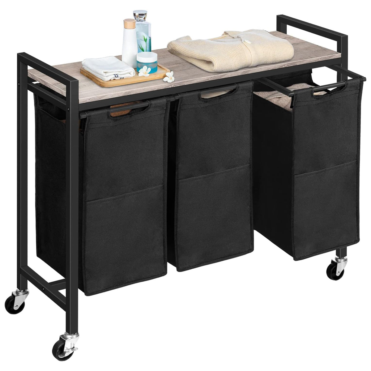 Wäschekorb 3 Fächer, Wäschesortierer, 3x39,8 L, Wäschekorb mit ablage, Wäschewagen mit rollen, Greige-Schwarz, HOOBRO, 5