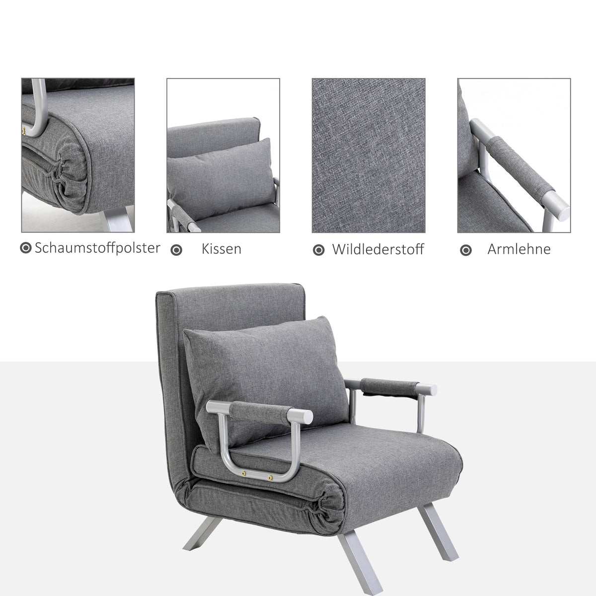 HOMCOM – 3-in-1-Schlafsessel mit 5-fach verstellbarer Rückenlehne und Armlehnen, 65 × 69 × 80 cm, Grau