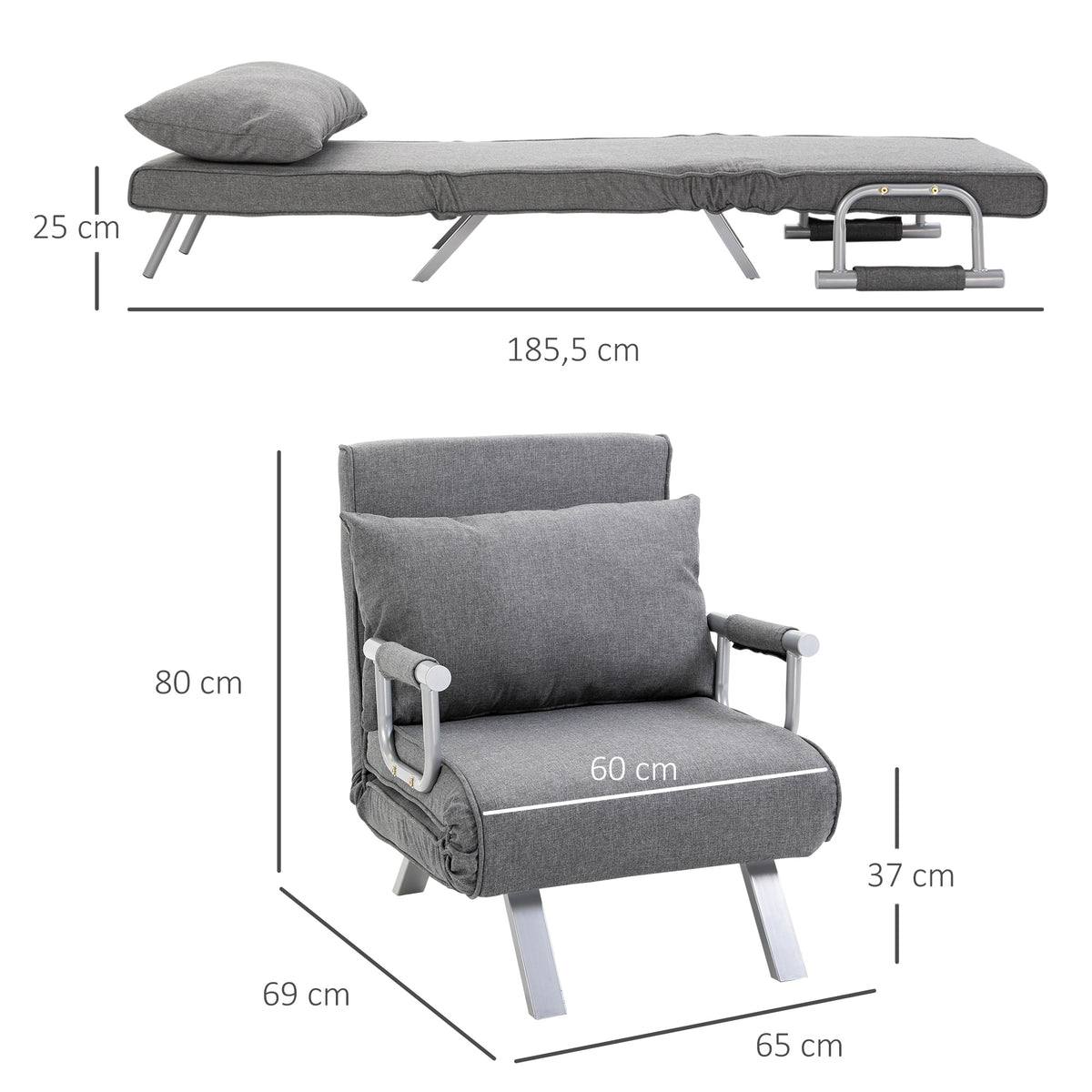 HOMCOM – 3-in-1-Schlafsessel mit 5-fach verstellbarer Rückenlehne und Armlehnen, 65 × 69 × 80 cm, Grau