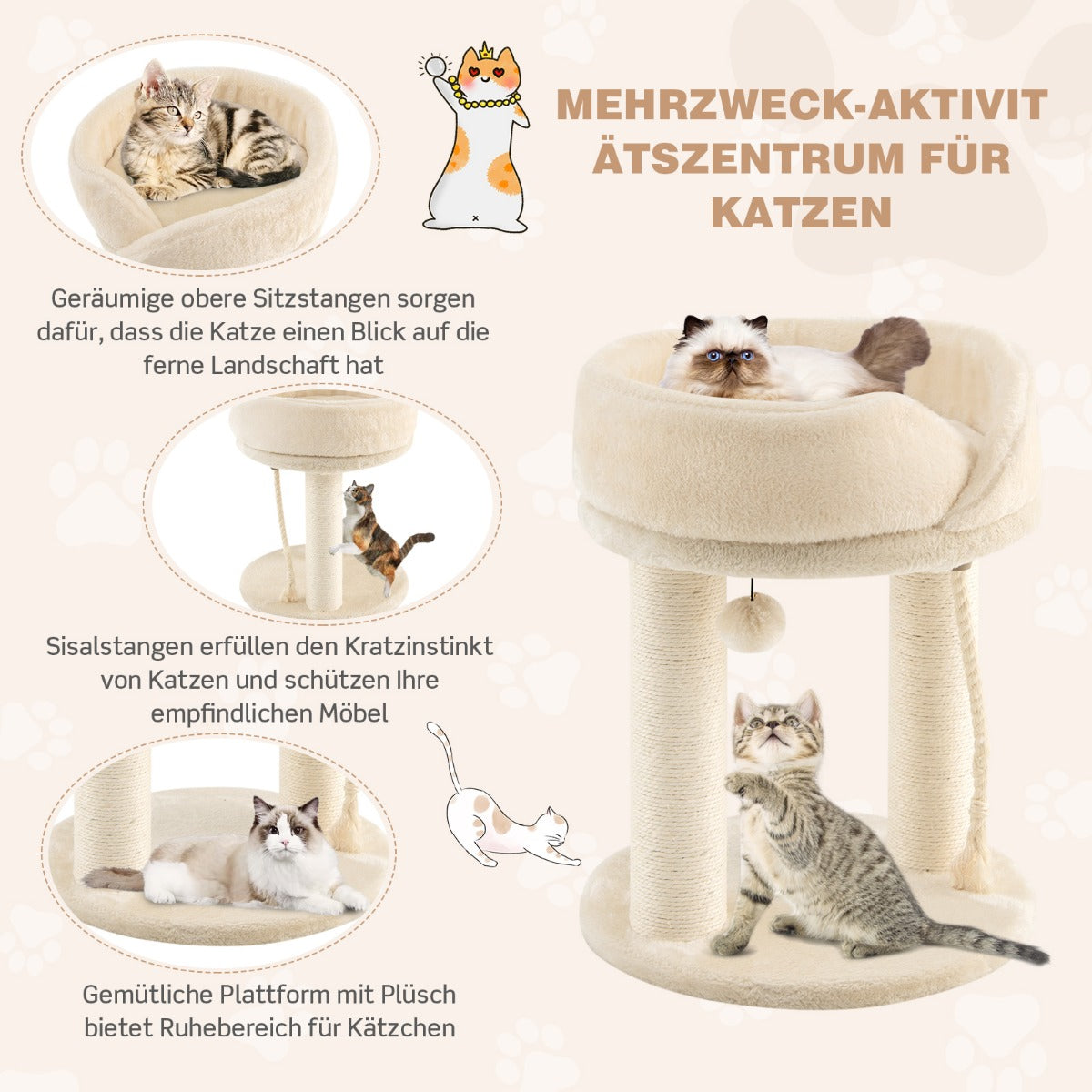 Kratzbaum modern, Kratzbaum stabil, Katzenkratzbaum mit Weicher Sitzfläche Sisalturm für Katzen, Katzenmöbel, Costway, 3