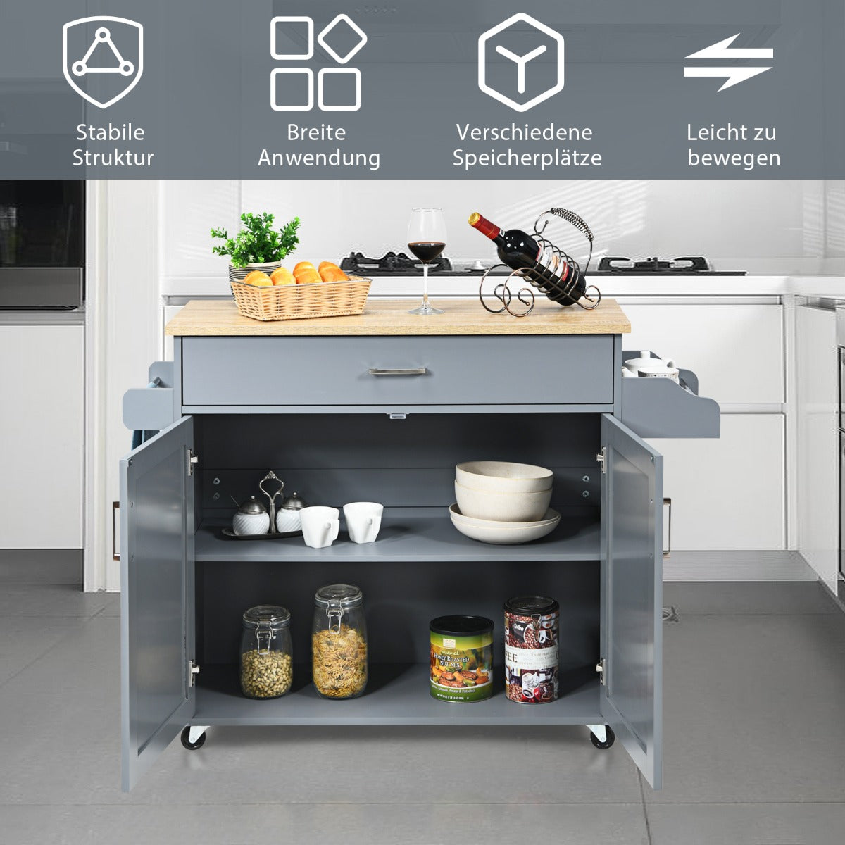 Kücheninsel, Küchenwagen mit arbeitsplatte, Kücheninsel-Wagen rollender Aufbewahrungswagen großer Schrank, Grau Natur, Costway, 4