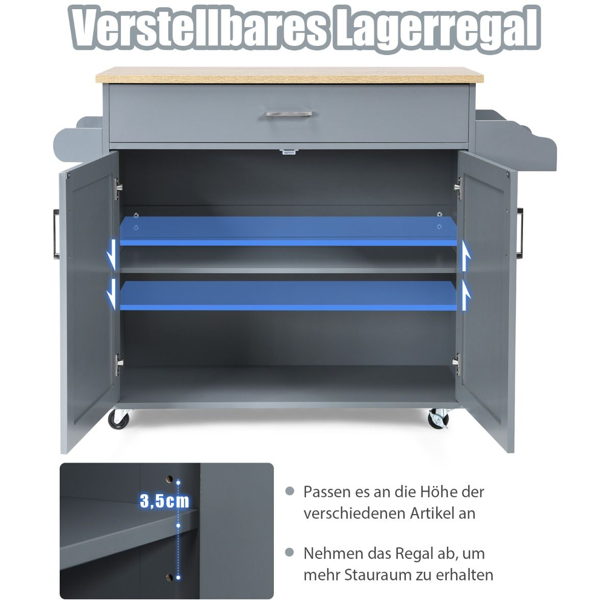 Kücheninsel, Küchenwagen mit arbeitsplatte, Kücheninsel-Wagen rollender Aufbewahrungswagen großer Schrank, Grau Natur, Costway, 7