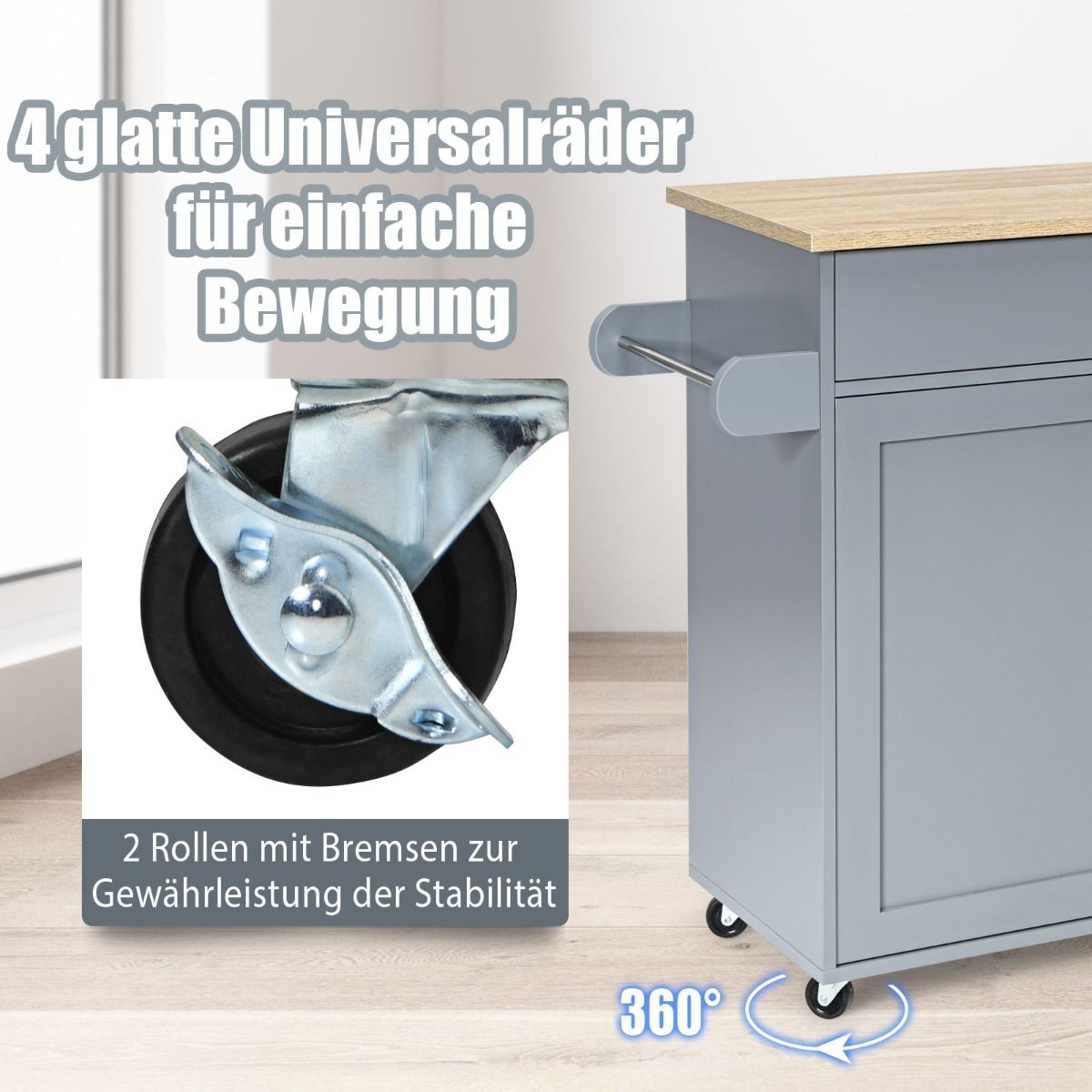 Kücheninsel, Küchenwagen mit arbeitsplatte, Kücheninsel-Wagen rollender Aufbewahrungswagen großer Schrank, Grau Natur, Costway, 8