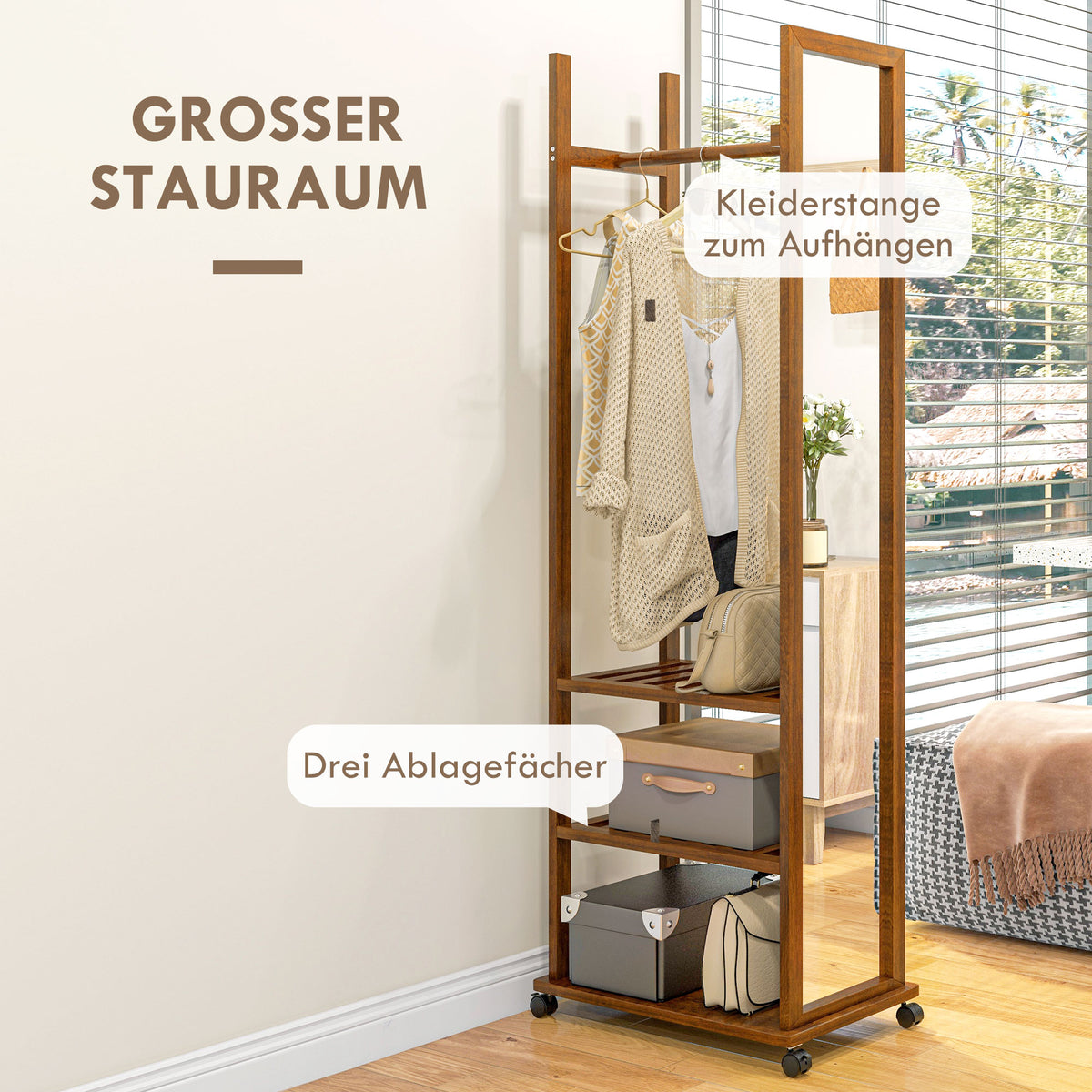 Standspiegel, Garderobe mit Spiegel, Kleiderständer Holz, Ganzkörperspiegel, Kleiderständer auf rollen, 3 Ebenen, Kiefernholz, HOMCOM, 1