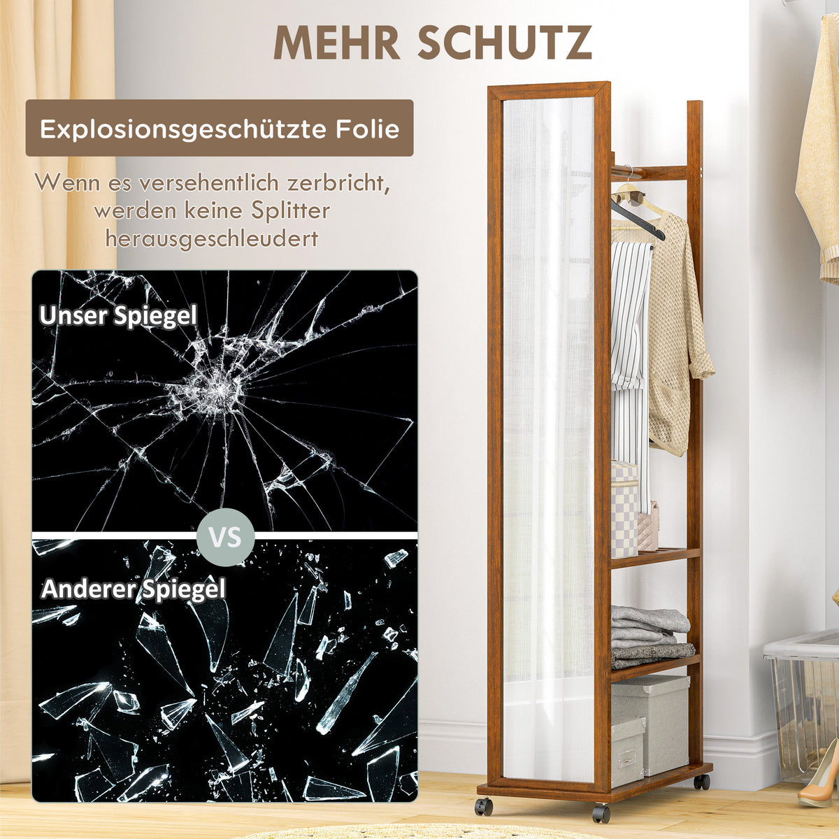 Standspiegel, Garderobe mit Spiegel, Kleiderständer Holz, Ganzkörperspiegel, Kleiderständer auf rollen, 3 Ebenen, Kiefernholz, HOMCOM, 4