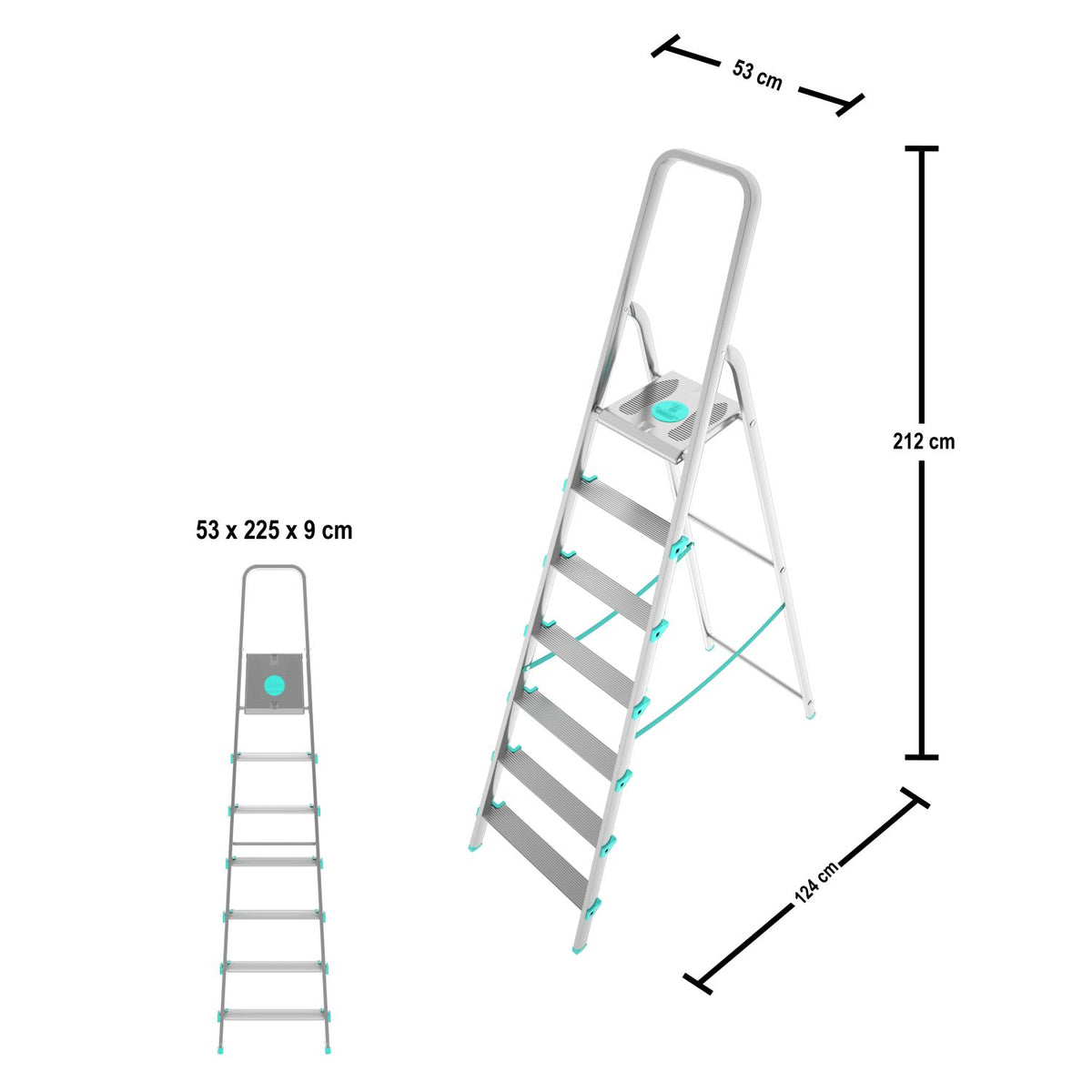 Trittleiter, Trittleiter 7 stufen, Trittleiter Klappbar, Höhe 152 cm,  Max, Belastbar 150 kg, Aluminium, Hergestellt in Italien, Colombo LIBELLULA 7 stufen, 3