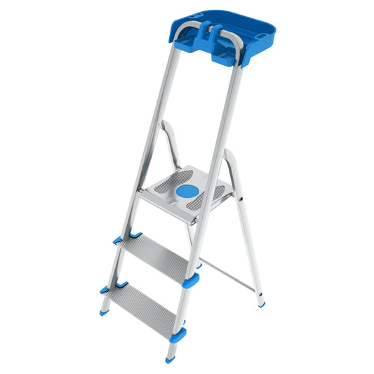 Trittleiter 3 Stufen, Klappleiter Alu, Extragroßer Stufe 12cm, Stufenleiter, mit Ablageschale, Max. Belastbar 150kg, Aluminium, Colombo ATLANTICA - Trittleiter 3 Stufen, 1