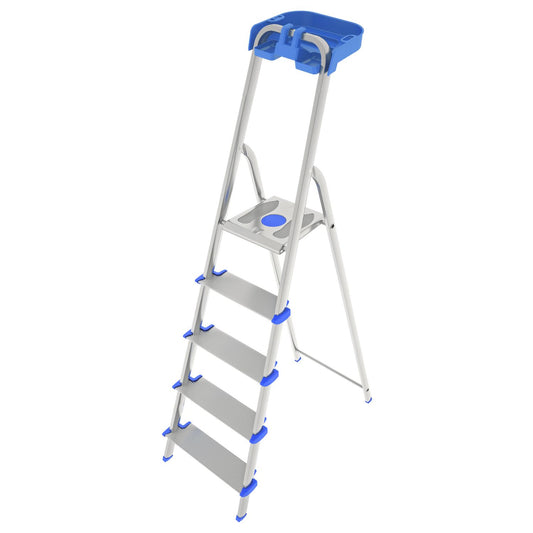 Trittleiter 5 Stufen, Klappleiter Alu, Extragroßer Stufe 12cm, Stufenleiter, mit Ablageschale, Max. Belastbar 150kg, Aluminium, Colombo ATLANTICA - Trittleiter 5 Stufen, 1