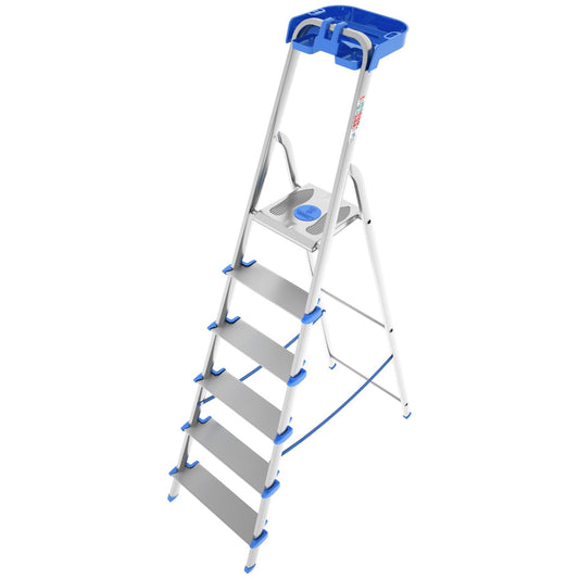 Trittleiter 6 Stufen, Klappleiter Alu, Extragroßer Stufe 12cm, Stufenleiter, mit Ablageschale, Max. Belastbar 150kg, Aluminium, Colombo ATLANTICA - Trittleiter 6 Stufen, 1