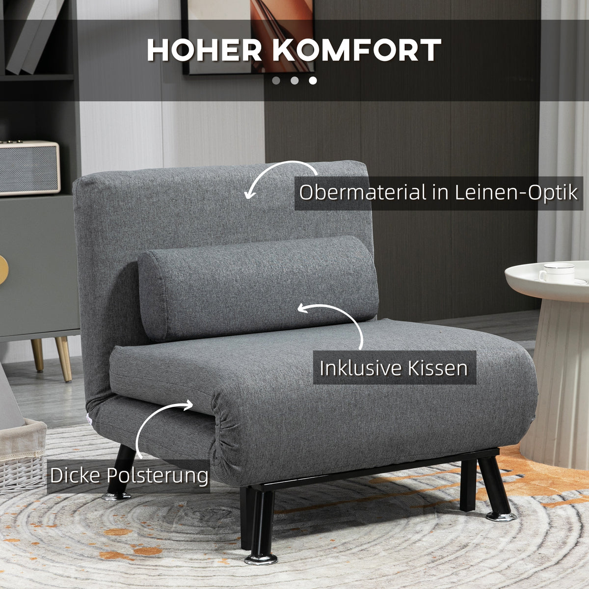 Schlafsofa, Schlafsessel, bis 150 Kg, Klappsessel mit Bettfunktion, Verstellbare Rückenlehne, Dunkelgrau, HOMCOM, 4