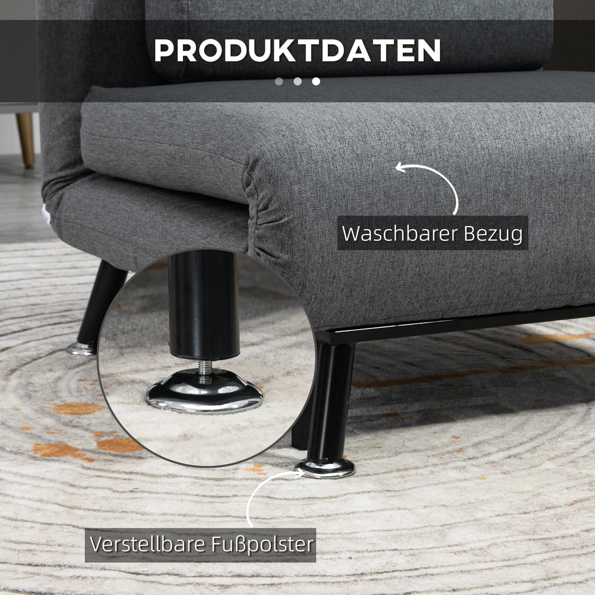 Schlafsofa, Schlafsessel, bis 150 Kg, Klappsessel mit Bettfunktion, Verstellbare Rückenlehne, Dunkelgrau, HOMCOM, 5