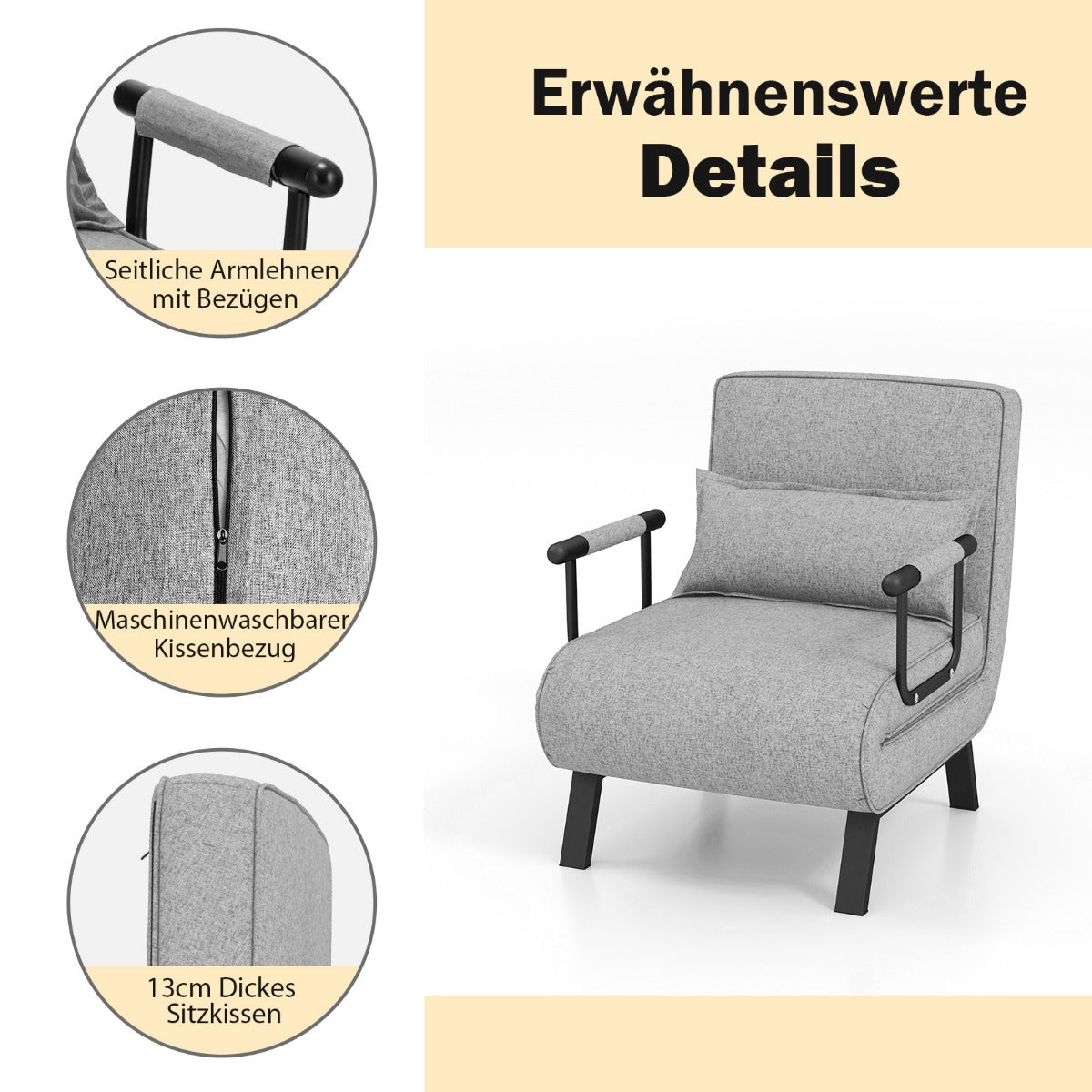 Schlafsofa, Sessel mit Schlaffunktion, Bettsessel, Cabrio-Schlafsofa, Klappsessel, Schlafcouch Sofabett, Costway, 6