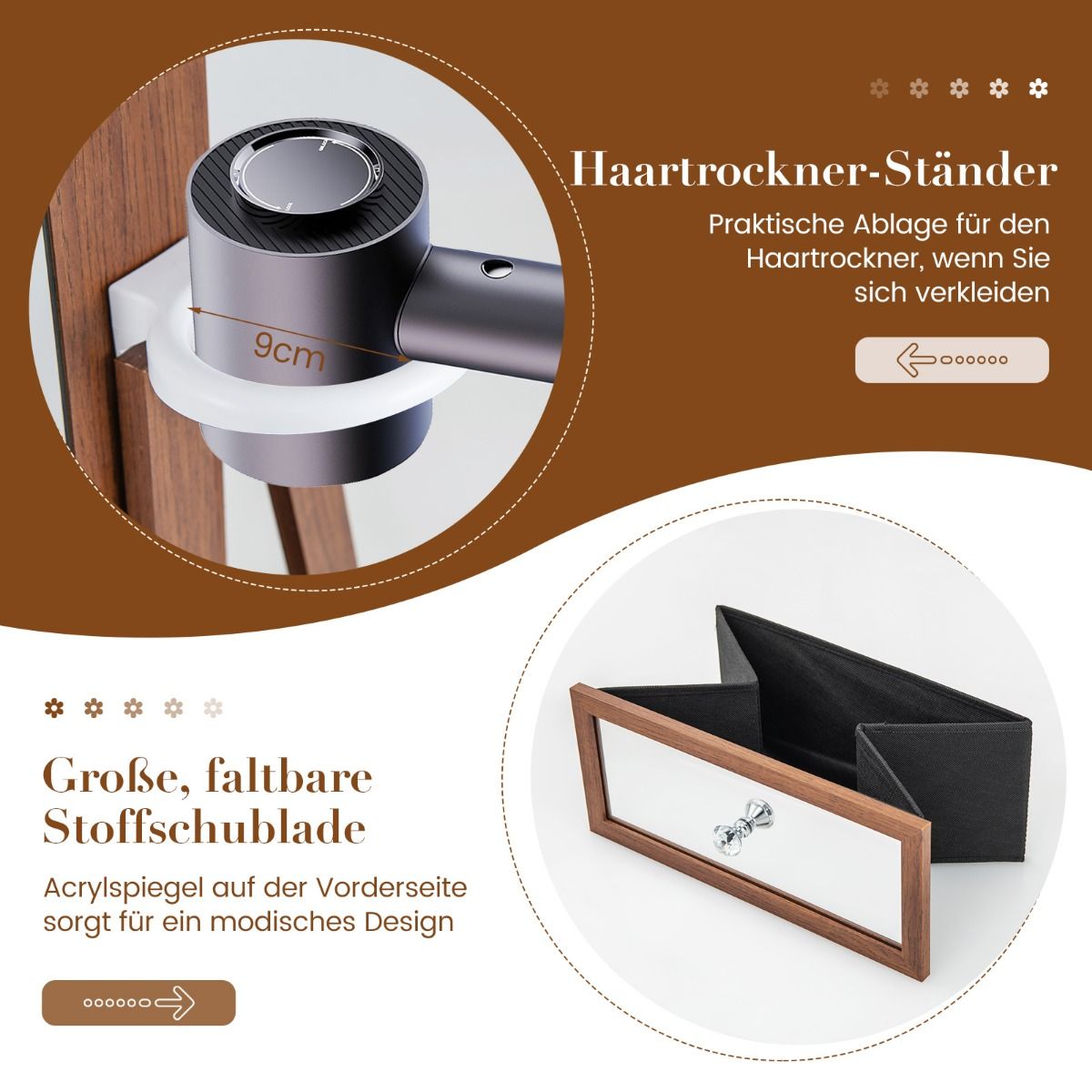 Schmuckschrank, Schmuckaufbewahrung, Schmuckschrank 360° drehbar Spiegelschrank mit Ganzkörperspiegel Braun, Costway, 7