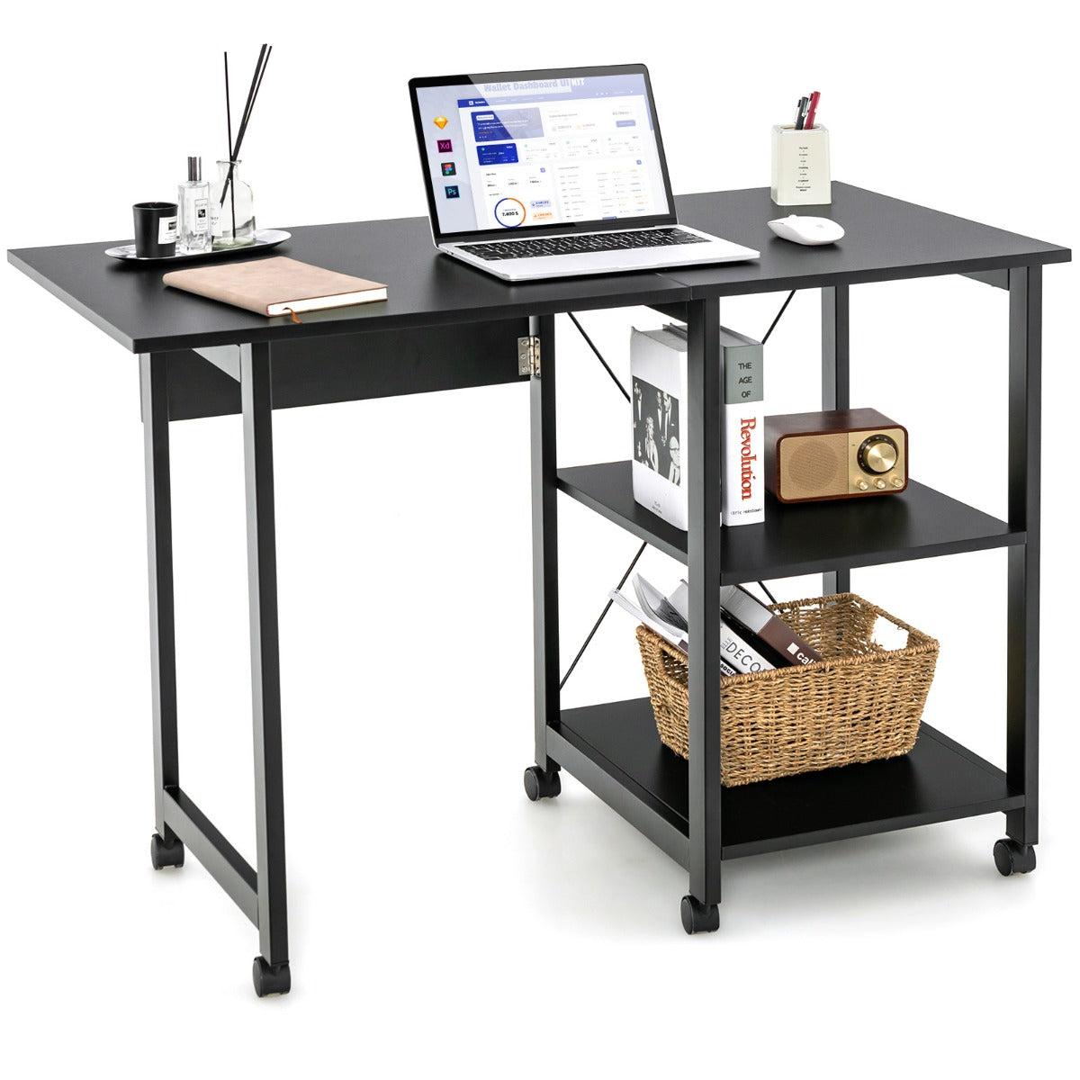 Schreibtisch, Computertisch, PC Tisch, Schreibtisch mit Stauraum, Schreibtisch Klappbar, mit 6 Rädern, Costway, 1