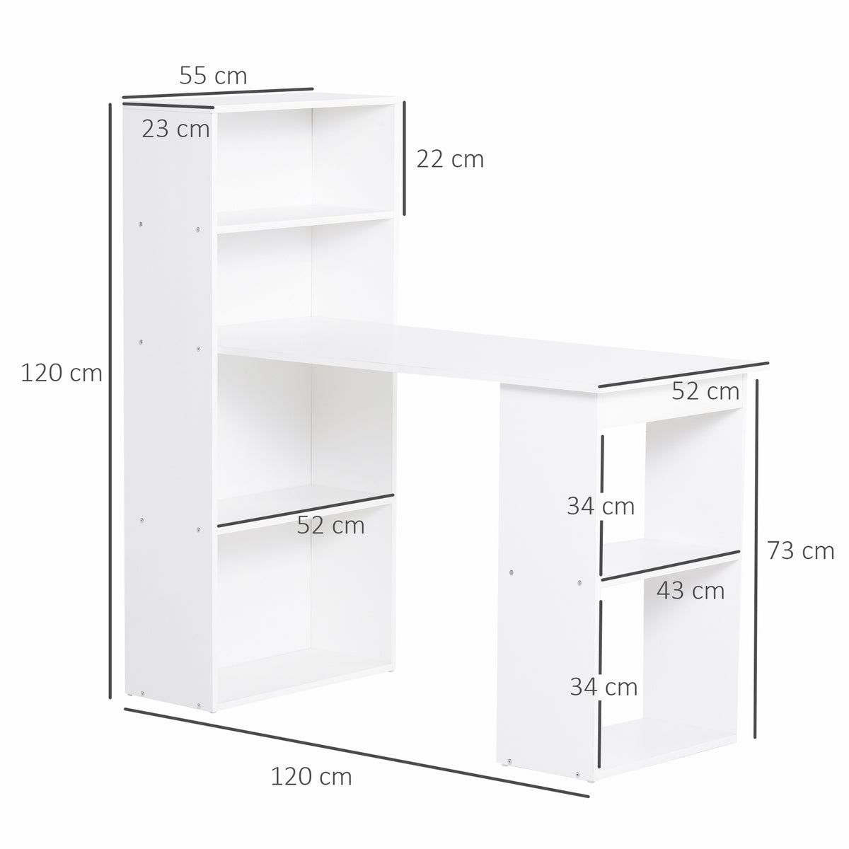 Schreibtisch Küchentisch mit Regal, Computertisch, Arbeitstisch, Laptoptisch, Büroregal, Weiß, 120x55x120cm, HOMCOM, 7