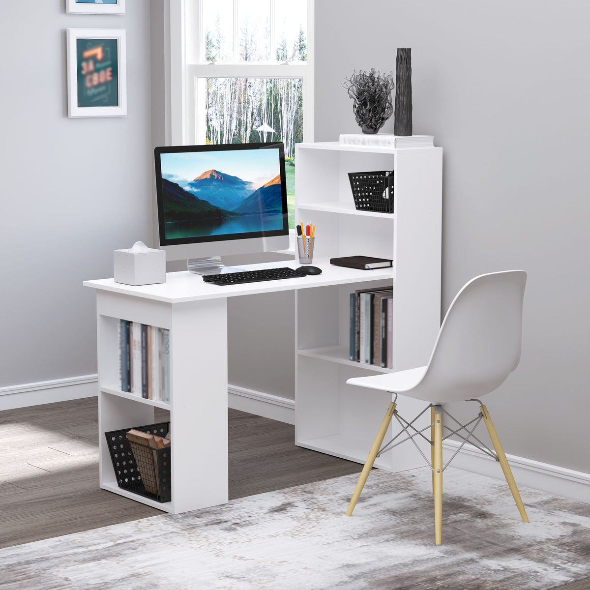 Schreibtisch Küchentisch mit Regal, Computertisch, Arbeitstisch, Laptoptisch, Büroregal, Weiß, 120x55x120cm, HOMCOM, 9