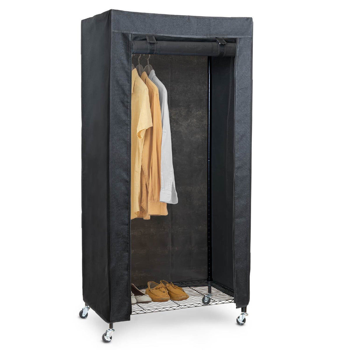 Schwerlast Faltschrank, Stoffkleiderschrank, Kleiderschrank auf Rollen, bis 70 kg, 75x45x150 cm, Leinenimitat, art moon Buffalo Schwarz, 9