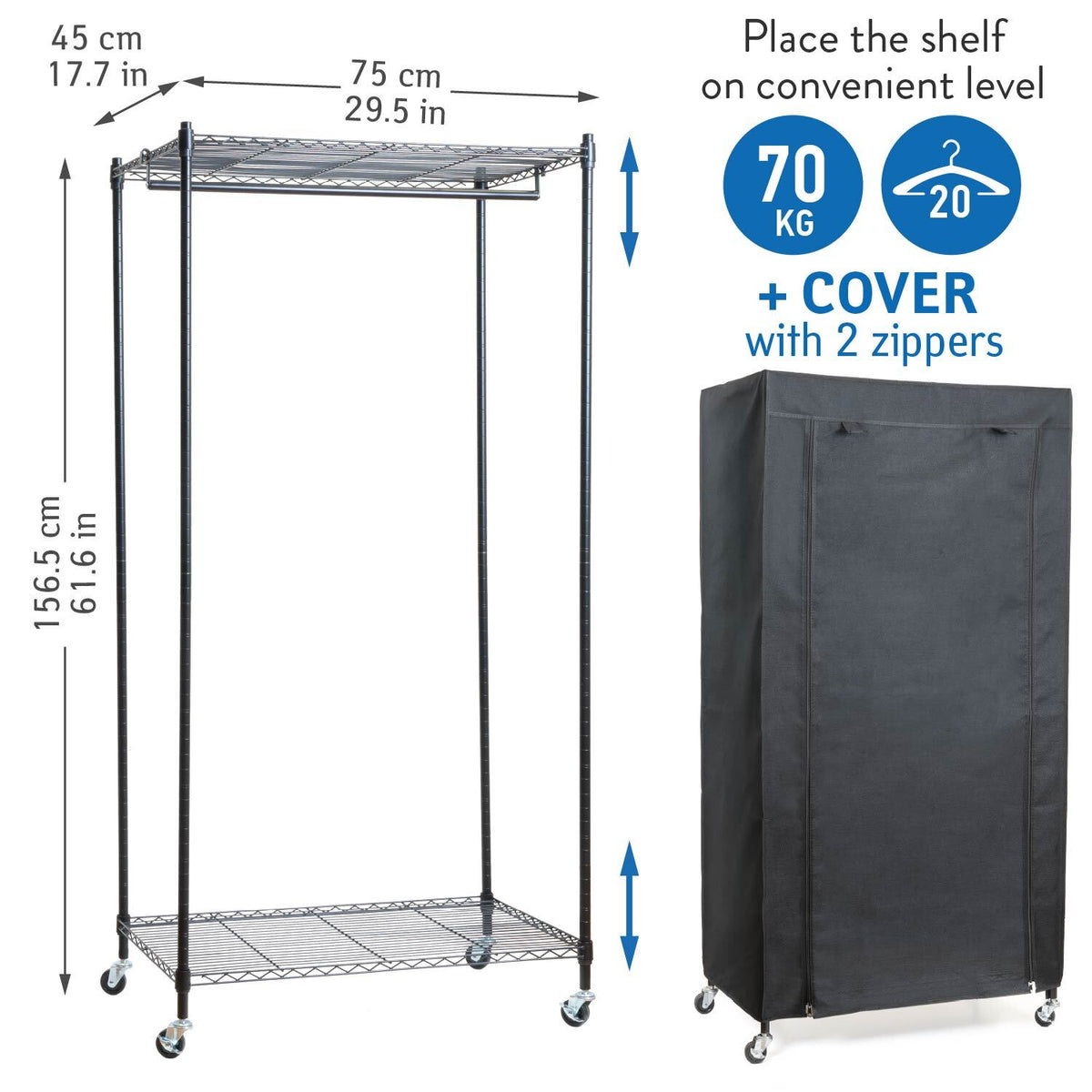 Schwerlast Faltschrank, Stoffkleiderschrank, Kleiderschrank auf Rollen, bis 70 kg, 75x45x150 cm, Leinenimitat, art moon Buffalo Schwarz, , 2