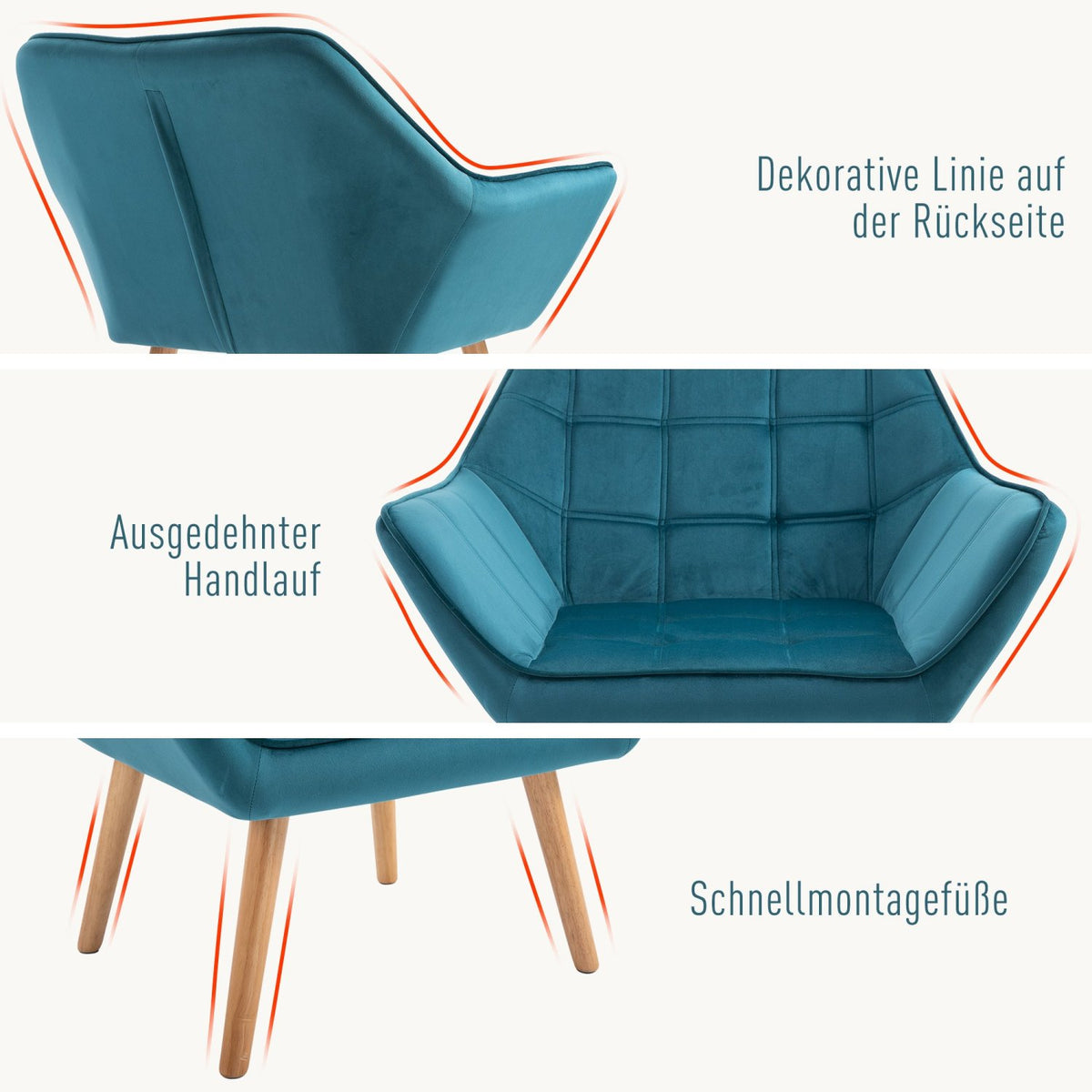 Sessel Modern, Einzelsessel, TV Sessel, Ohrensessel Relaxsessel, Samt, erhöhte Beine, HOMCOM, 4