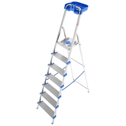 Trittleiter 7 Stufen, Klappleiter Alu, Extragroßer Stufe 12cm, Stufenleiter, mit Ablageschale, Max. Belastbar 150kg, Aluminium, Colombo ATLANTICA - Trittleiter 7 Stufen, 1