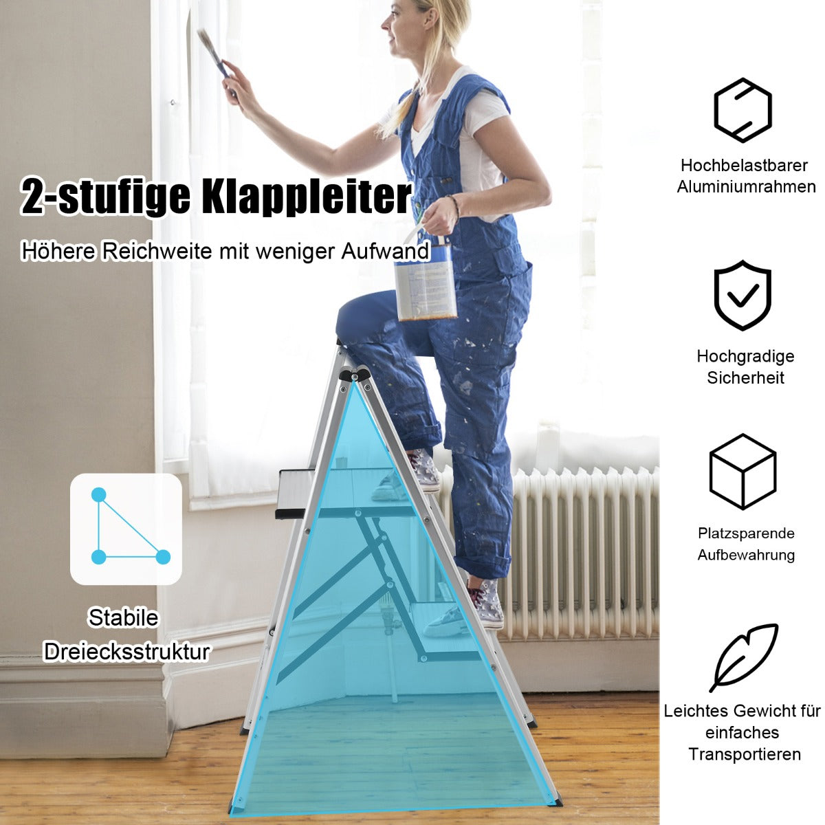 Trittleiter, Trittleiter 2 Stufen, Trittleiter Klappbar, Stehleiter Aluminium Klappleiter bis 150 kg Silber, Castway, 5