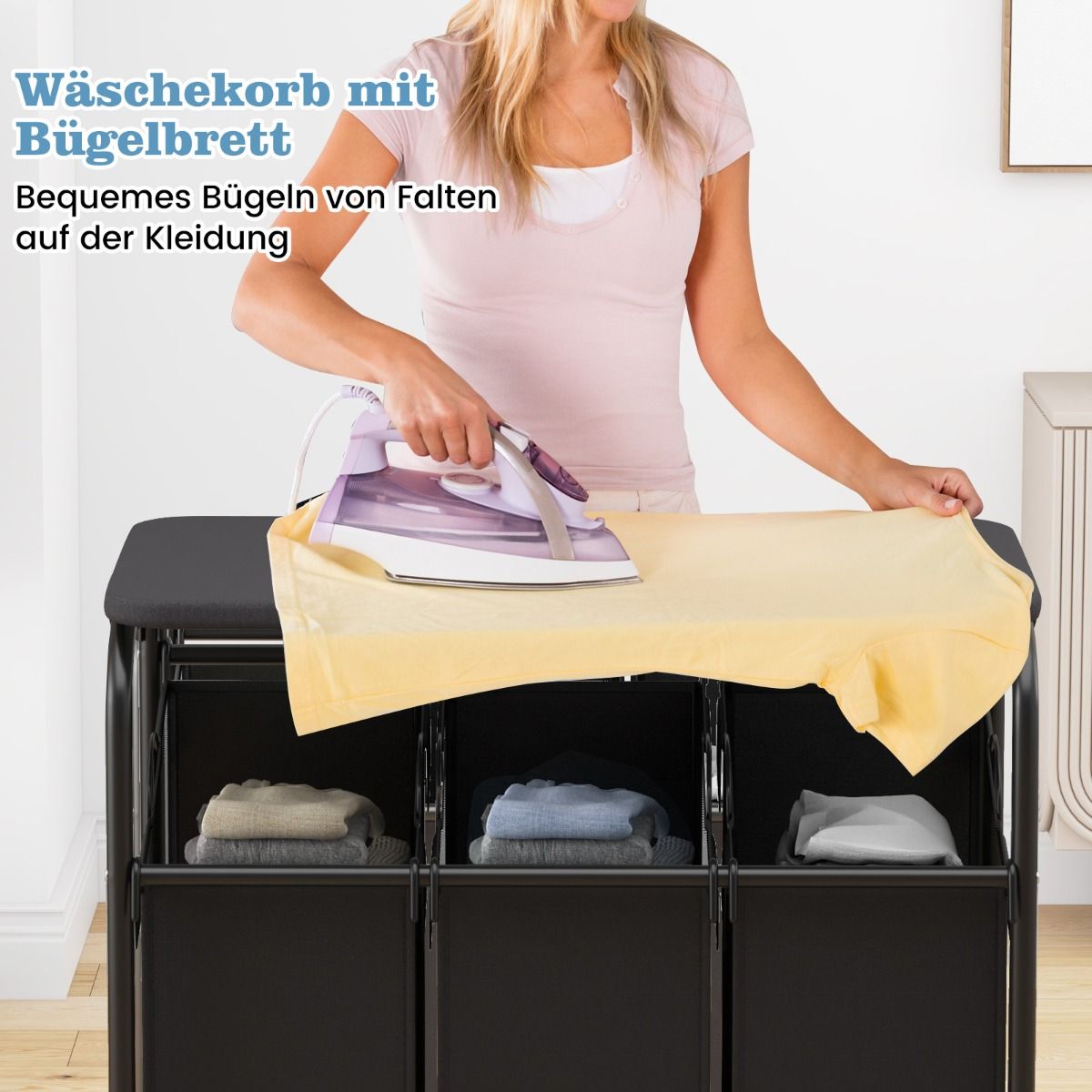 Wäschekorb, Bügelbrett, Wäschesammler, 3 Fächer, mit Rollen, Bügelbrett, 80,5 X 41,5 cm, Costway, f