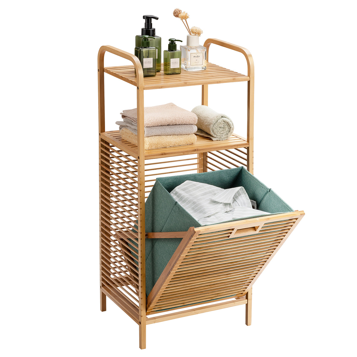 Wäschekorb, Wäschekorb Regal, Badschrank mit Wäschekorb, Ausklappbarer Wäschekorb, Wäschekorb mit Ablage, Costway, 1