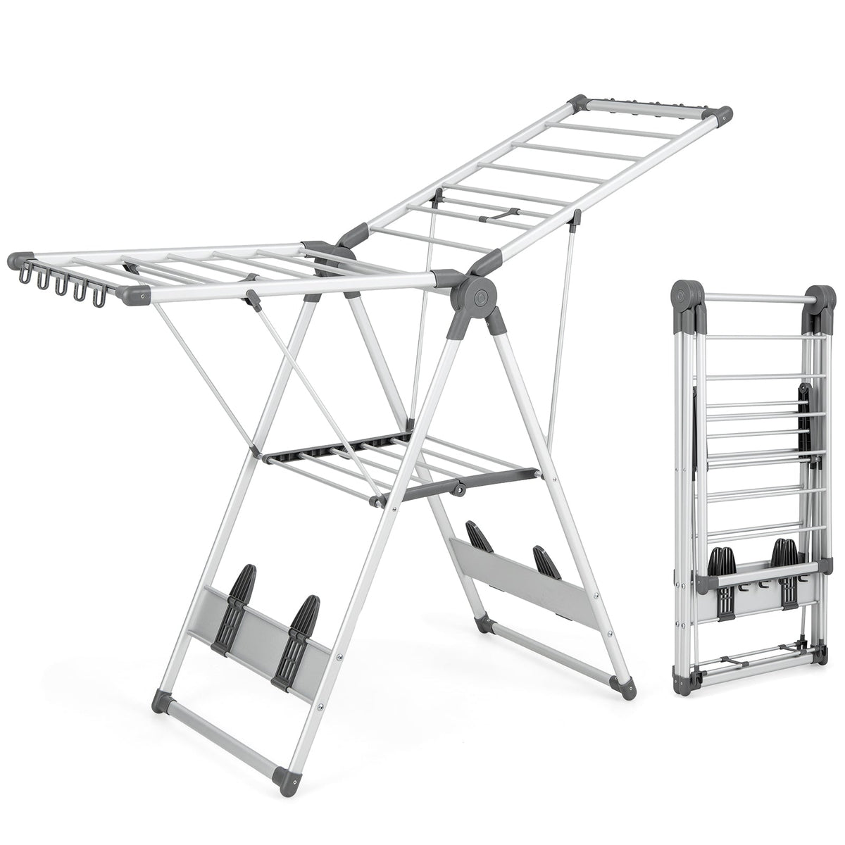 Wäscheständer klappbar, mit 5-stufiger Höhenverstellung, Wäscheständer platzsparend, Silber