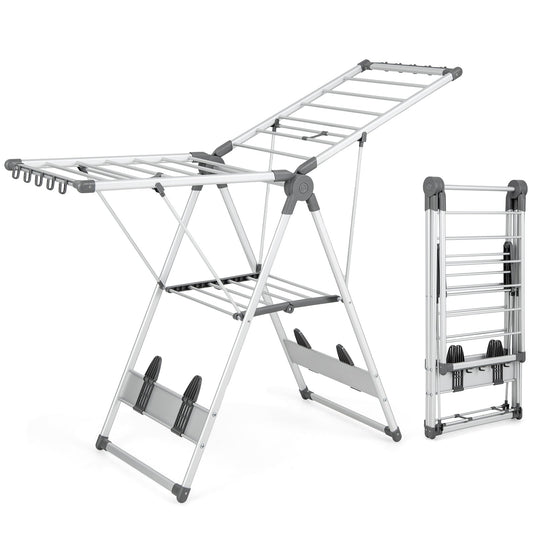 Wäscheständer klappbar, mit 5-stufiger Höhenverstellung, Wäscheständer platzsparend, Silber
