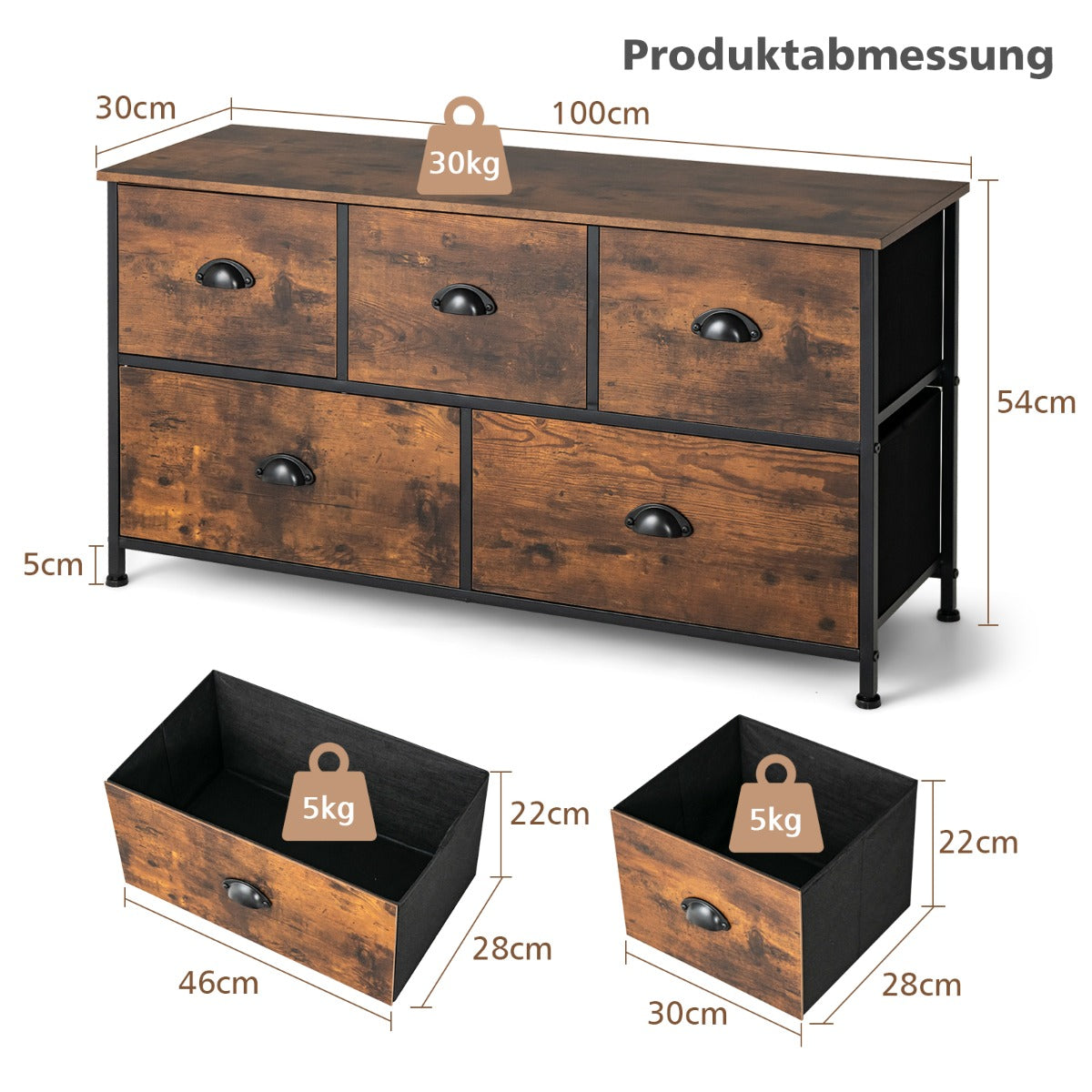 TV-Schrank, 2-stöckige Rustikale Kommode mit 5 Schubladen & Faltbaren Stoffschubladen, Braun, Costway, 7