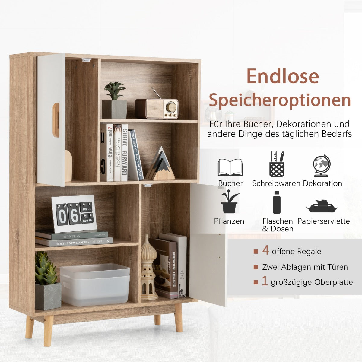 Costway - Bücherregal, Bücherregal 4-stöckiges, Bücherregal mit 2 Türen 4 offene Regale, 80 x 24 x 120 cm, Weiß, 1