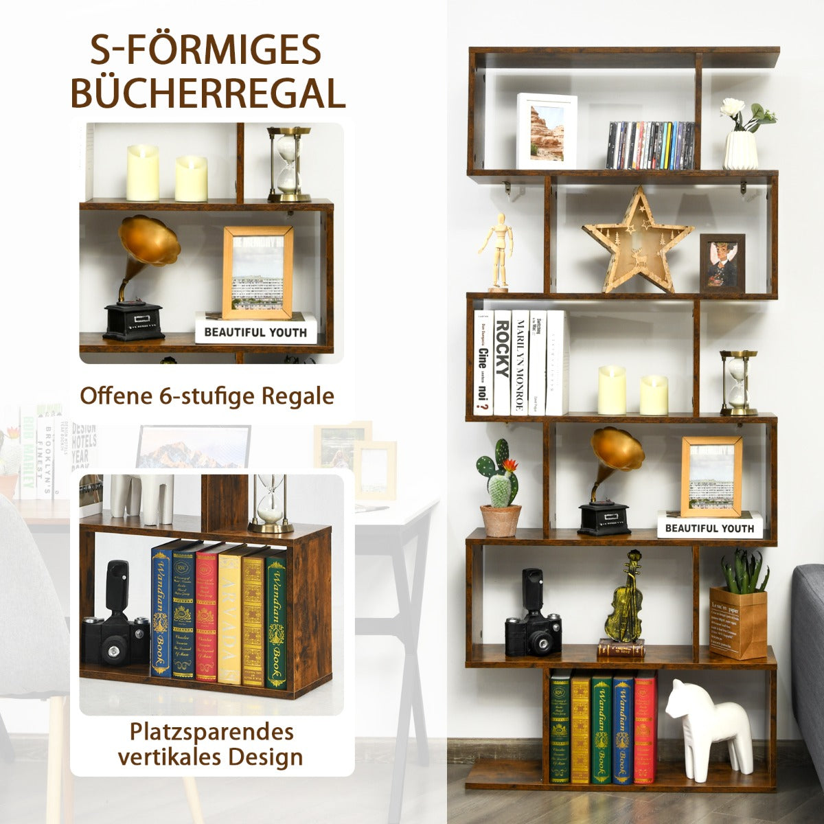 Bücherregal, Bücherregal 6 Ebenen, Standregal S-Form, Aufbewahrungsregal, Holz, Farbwahl-Braun, Costway, 5