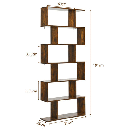 Bücherregal, Bücherregal 6 Ebenen, Standregal S-Form, Aufbewahrungsregal, Holz, Farbwahl-Braun, Costway, 6