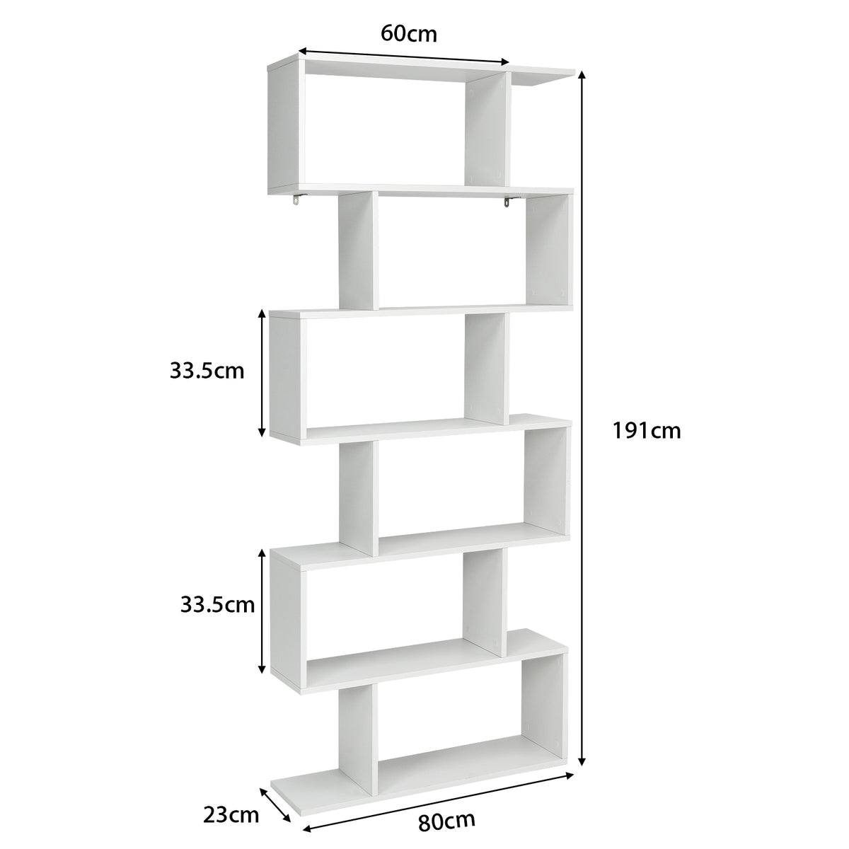 Bücherregal, Bücherregal mit 6 Ebenen, S-Form Standregal, Aufbewahrungsregal, Holz, Farbwahl-Weiß, Costway, 6