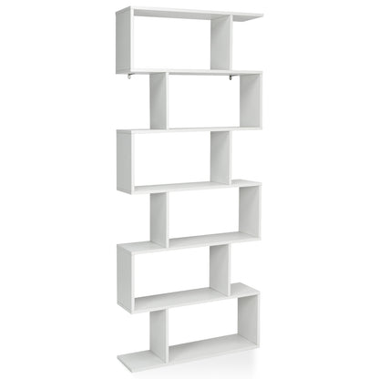 Bücherregal, Bücherregal mit 6 Ebenen, S-Form Standregal, Aufbewahrungsregal, Holz, Farbwahl-Weiß, Costway, 1