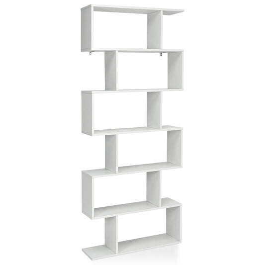 Bücherregal, Bücherregal mit 6 Ebenen, S-Form Standregal, Aufbewahrungsregal, Holz, Farbwahl-Weiß, Costway, 1
