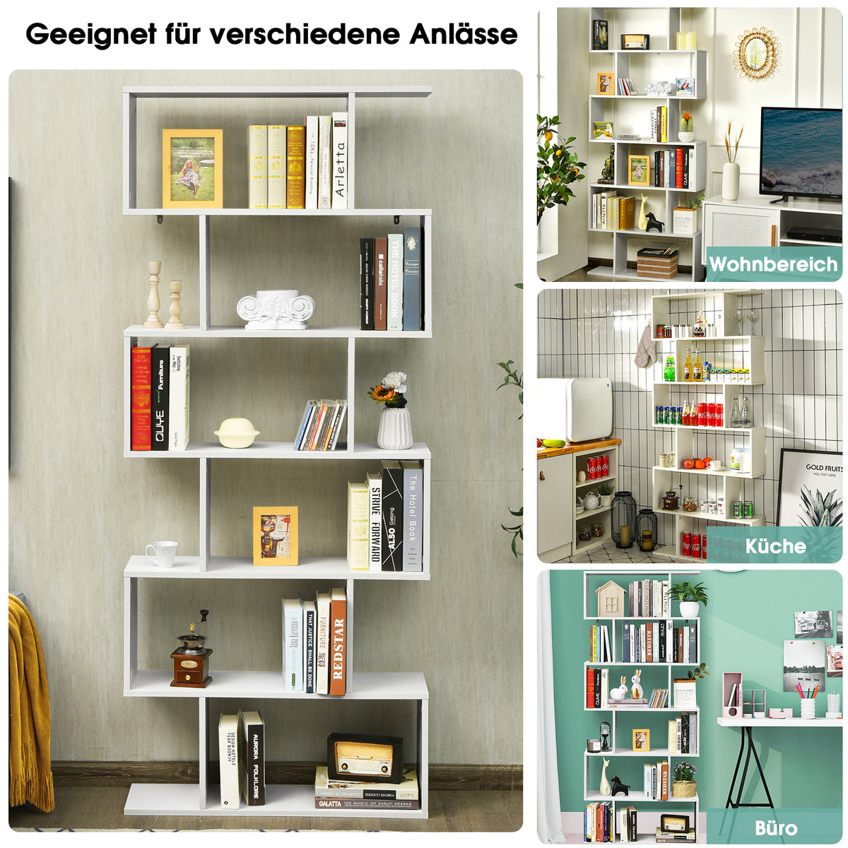 Bücherregal, Bücherregal mit 6 Ebenen, S-Form Standregal, Aufbewahrungsregal, Holz, Farbwahl-Weiß, Costway, 4